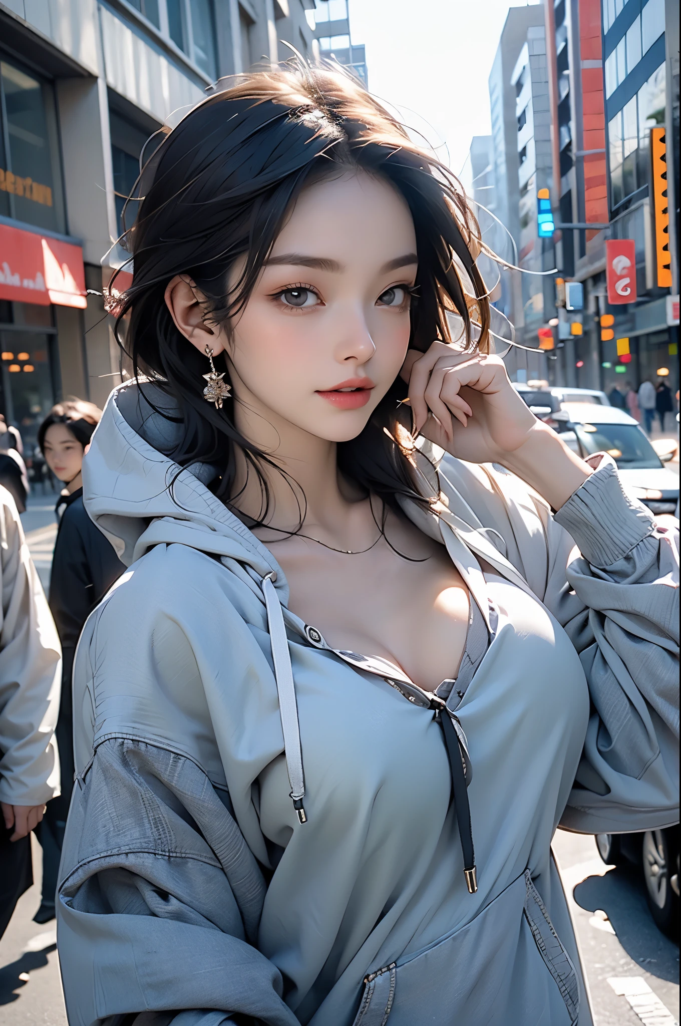1 girl, (hoodie: 1.3), big breasts, outdoor, street, architecture, denim photo,Naked trench (huge breasts:1.2),wet skin((rogue))Cool atmosphere