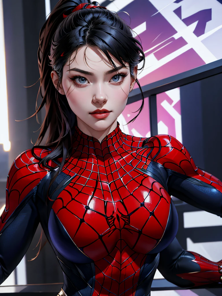 { - anatomy error} (Masterpiece - Ultra-detailed, very high resolution) best qualtiy，GameCG，1girll，tmasterpiece，best qualtiy，8K，detailed skin textures，Detailed cloth texture，beautifull detailed face，Complicated details，the ultra-detailed，korean girl, ( korean face)，spiderman uniform，long black hair，（A half body：1.2），cleavage, looking ahead, dinamic poses