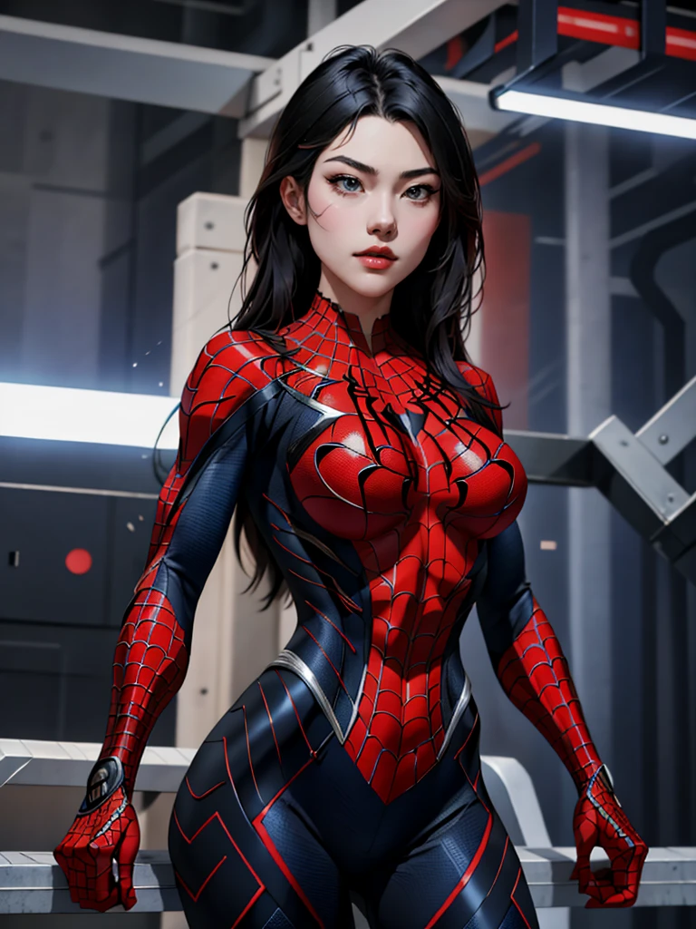 { - anatomy error} (Masterpiece - Ultra-detailed, very high resolution) best qualtiy，GameCG，1girll，tmasterpiece，best qualtiy，8K，detailed skin textures，Detailed cloth texture，beautifull detailed face，Complicated details，the ultra-detailed，korean girl, ( korean face)，spiderman uniform，long black hair，（A half body：1.2），cleavage, looking ahead, dinamic poses