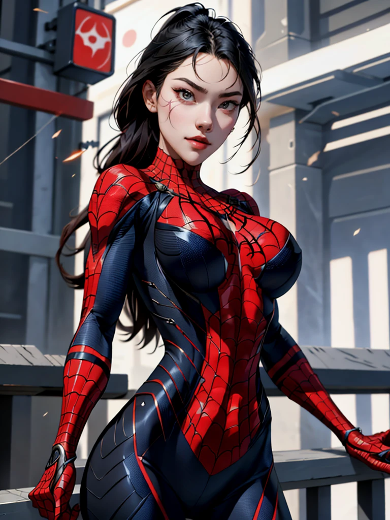 { - anatomy error} (Masterpiece - Ultra-detailed, very high resolution) best qualtiy,GameCG,1girll,tmasterpiece,best qualtiy,8K,detailed skin textures,Detailed cloth texture,beautifull detailed face,Complicated details,the ultra-detailed,korean girl, ( korean face),spiderman uniform,long black hair,(A half body:1.2),cleavage, looking ahead, dinamic poses