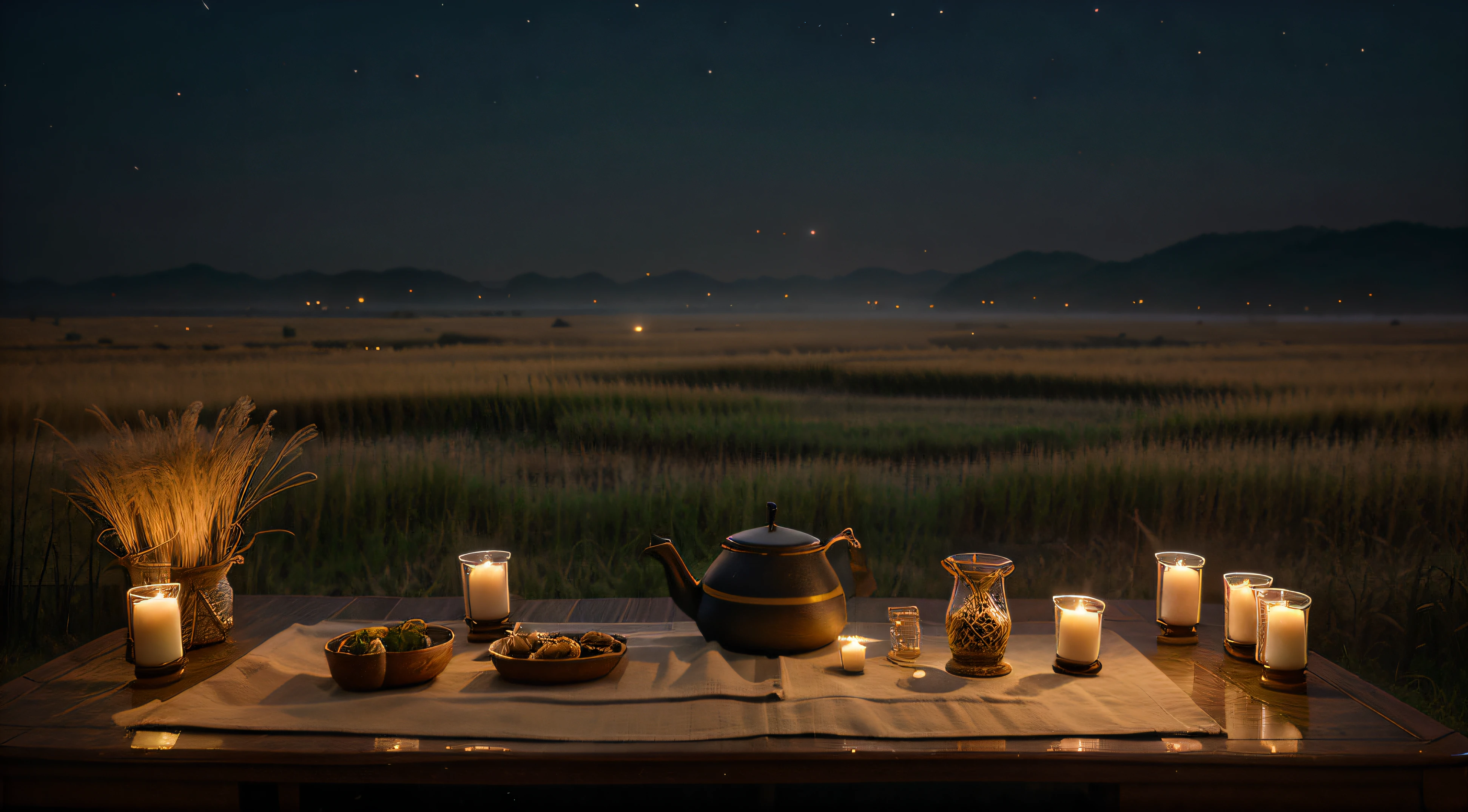 The Wide Plains of Korea, A flat bed in the middle of a field of reeds, Candles lit on a flat table, Tea on the table, Nightscape, haze, fireflies, deer, Thick fog
