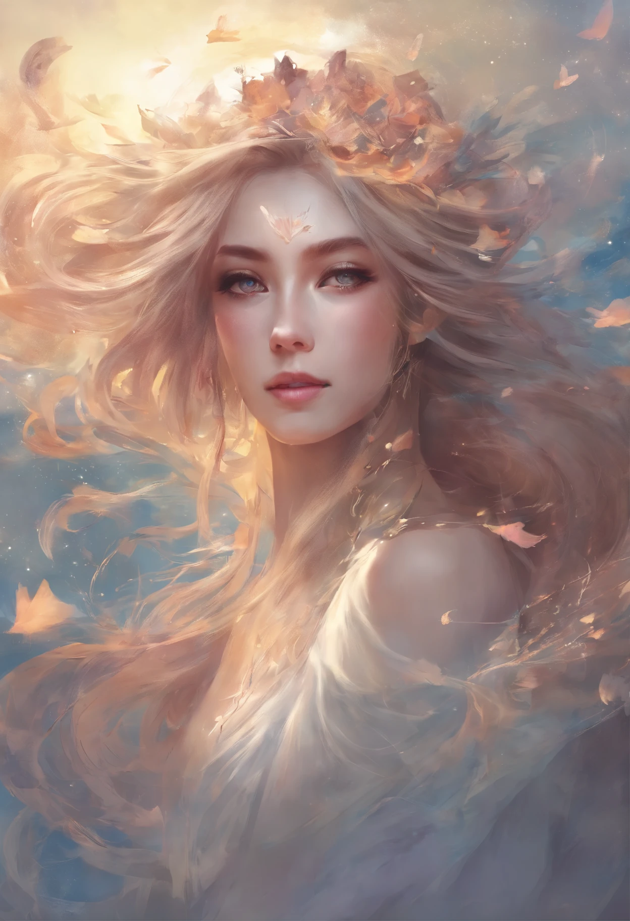 Deities々Beautiful Woman, flowing beautiful hair, ethereal beauty, beautiful fantasy art portrait, ethereal fantasy, Clothed in the energy of the universe, beautiful digital works of art, beautiful fantasy art, a beautiful artwork illustration, incredibly ethereal, Air lighting, beautiful fantasy portrait, ethereal and dreamy,