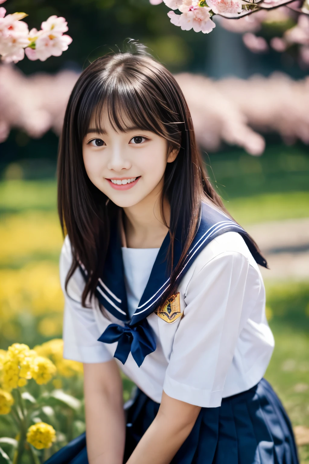 masterpiece, Best Quality, 8K, 1 girl, (18 years old), Teen ager, Raw photo, smile, Solo, (A super cute idol-like face:1.4), Delicate girl, Black hair, middle bob hair, straight hair, bangs, Looking at Viewer, Candid, Sophisticated, Professional Lighting, Film grain,  whole body, beautiful figure, The background is a field of yellow rape blossoms and rows of cherry blossom trees,  (White shirt, sailor school uniform, navy pleated skirt:1.2), tiny chest, Cherry Blossom, Sitting on the bench, 