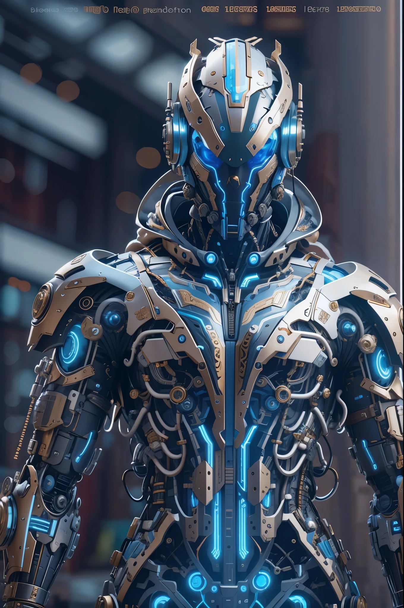 biomechanical soldier，futuristic warrior，cybernetic cyborg，Mechanical prosthetics，Futurism者，lighted hooded jacket，Unreal Engine style rendering，ritual mask，silver and blue，Mechanical Design，close up，cobra，AI，machine，Metal，electric wire，technology，Futurism，Highly detailed，extremely detailed，stand，full body shot，center，3D rendering，art station，octane rendering，8k，,
