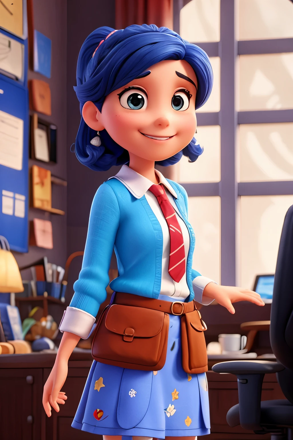 Crie um retrato de um personagem mulher 3d da pixar sorrindo que tem sobrepeso, she is an attendant , ela veste um terno azul escuro, business woman, Arte Digital, withe background