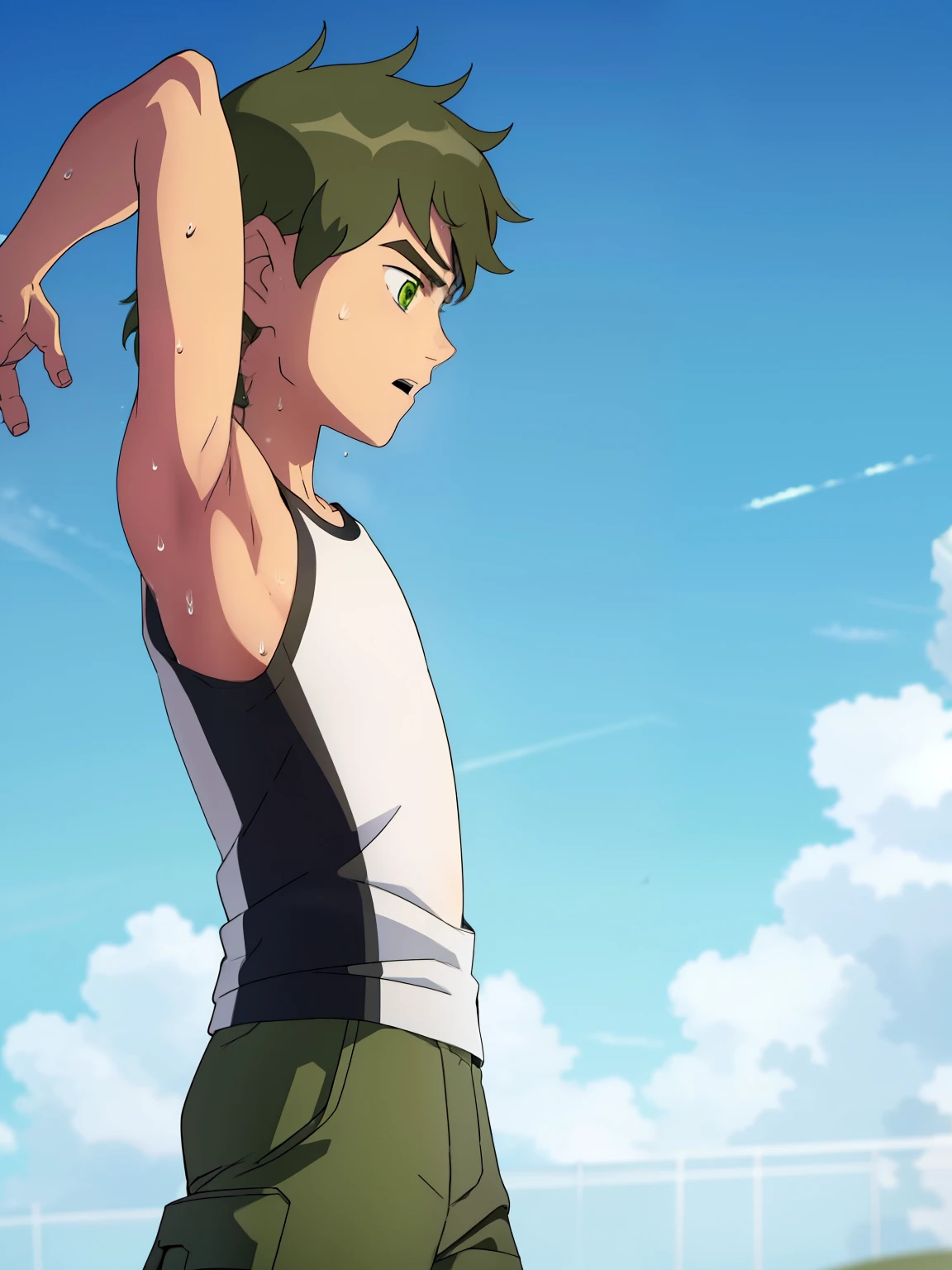 Highres, Masterpiece, Best quality at best,Best Quality, 1boy, bentennyson, green eyes, cargo pants, Tank top, Seen from the side, (Armpit), Sweat, the day, summer