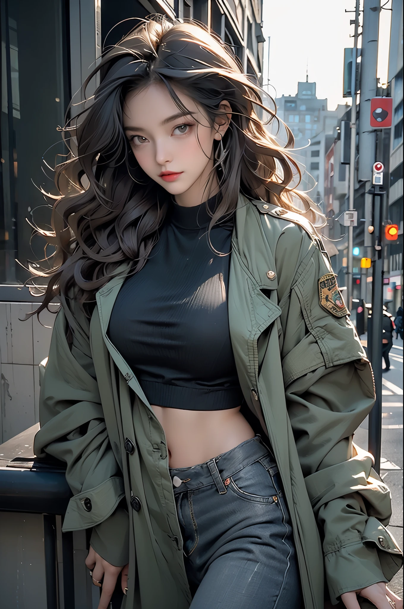(masterpiece,best quality,Super detailed),1 girl,brown gray hair,curls, messy hairstyle, I,Dark green jacket,military jacket,open jacket,black crop top,(gray theme),city in background,Naked trench (huge breasts:1.2),wet skin((rogue))Cool atmosphere