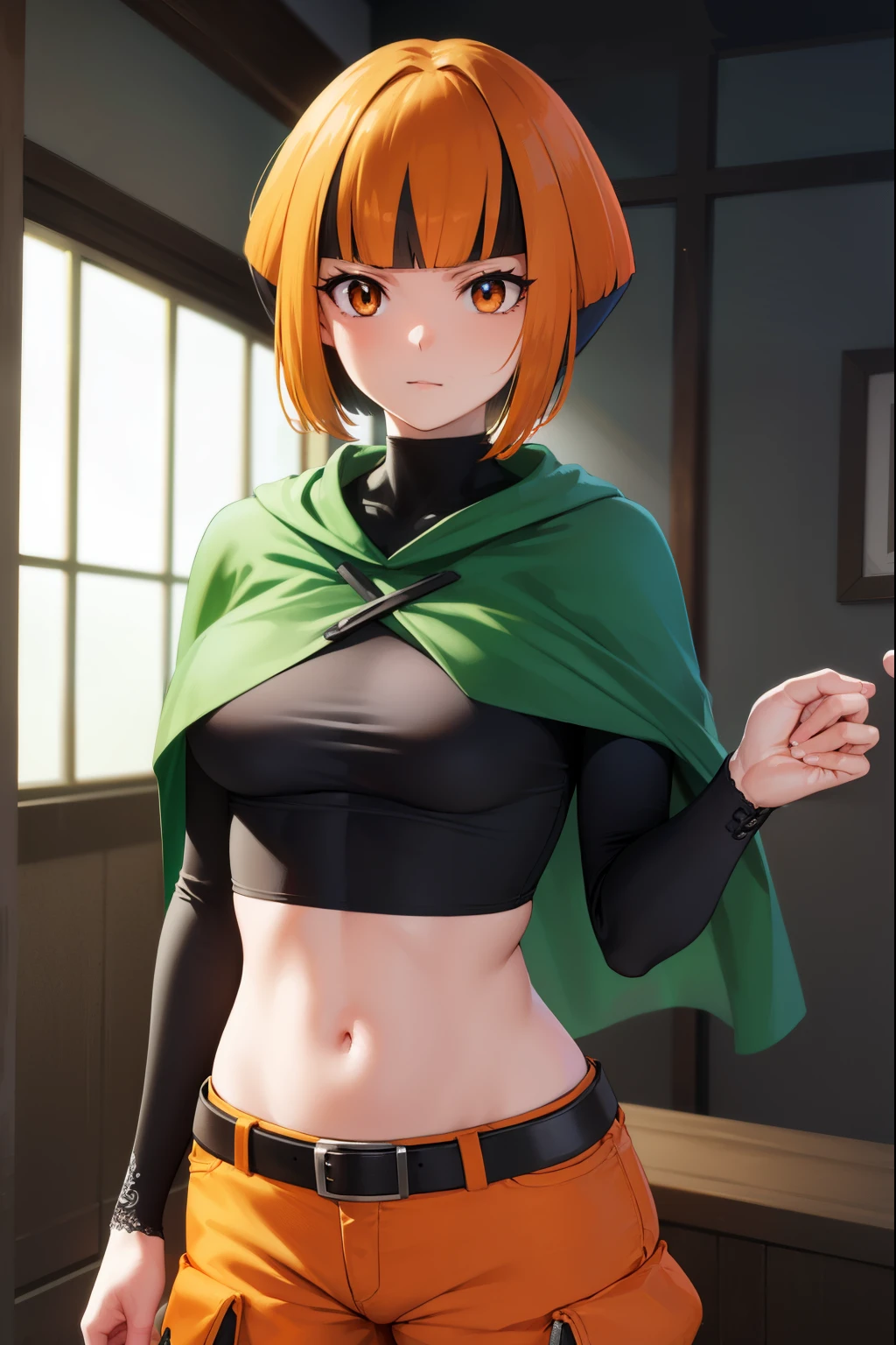 pokemongardenia, pokemongardenia, black hair, bob cut, multicolored hair, (orange eyes:1.5), orange hair, petals, short hair, two-tone hair,
BREAK belt, belt buckle, buckle, capelet, cargo shorts, midriff, navel, shorts, undershirt, long sleeves, green capelet, black undershirt,
BREAK looking at viewer, full body, (cowboy shot:1.5),
BREAK indoors,
BREAK (masterpiece:1.2), best quality, high resolution, unity 8k wallpaper, (illustration:0.8), (beautiful detailed eyes:1.6), extremely detailed face, perfect lighting, extremely detailed CG, (perfect hands, perfect anatomy),