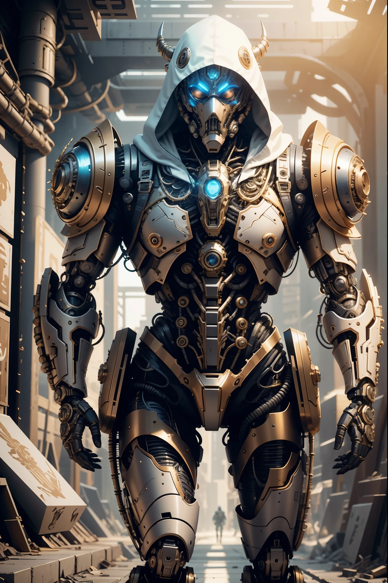 biomechanical soldier，futuristic warrior，cybernetic cyborg，Mechanical prosthetics，Futurism者，lighted hooded jacket，Unreal Engine style rendering，ritual mask，silver and blue，Mechanical Design，close up，cobra，AI，machine，Metal，electric wire，technology，Futurism，Highly detailed，extremely detailed，stand，full body shot，center，3D rendering，art station，octane rendering，8k，,