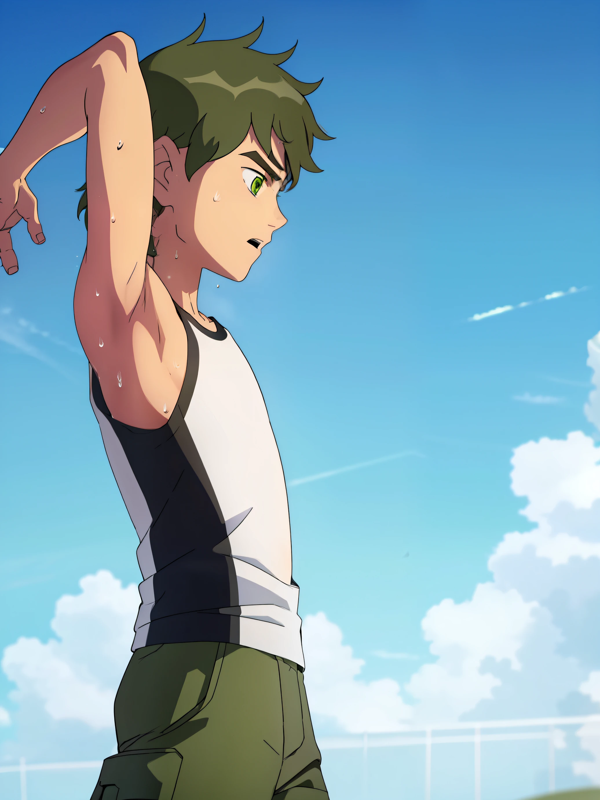 Highres, Masterpiece, Best quality at best,Best Quality, 1boy, bentennyson, green eyes, cargo pants, Tank top, Seen from the side, (Armpit), Sweat, the day, summer