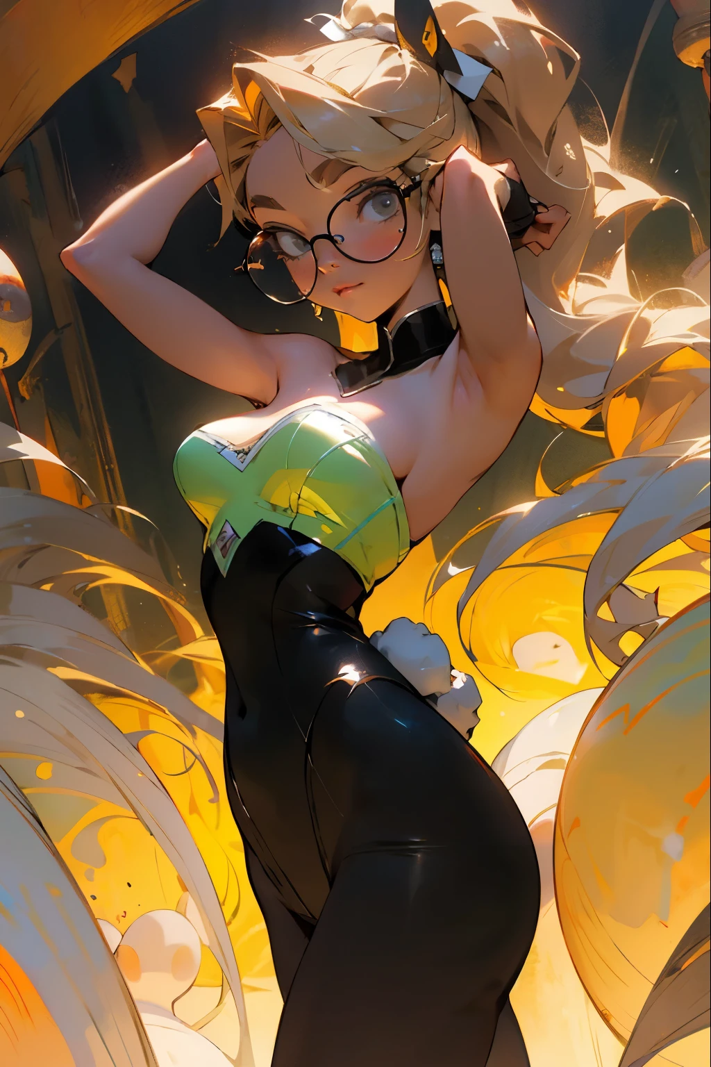 glow,masterpiece, beautiful, 4K, best quality, oil painting style, cute face, big breasts, blonde,high ponytail,pointed ears,round frame glasses, black pantyhose, Black Bunny Girl costume,whole body,gorgeous,Yoga
