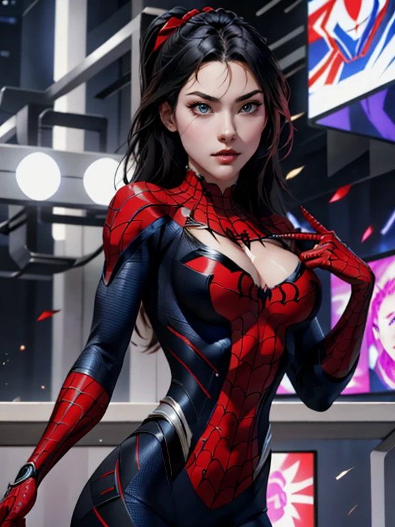 { - anatomy error} (Masterpiece - Ultra-detailed, very high resolution) best qualtiy,GameCG,1girll,tmasterpiece,best qualtiy,8K,detailed skin textures,Detailed cloth texture,beautifull detailed face,Complicated details,the ultra-detailed,korean girl, ( korean face),spiderman uniform,long black hair,(A half body:1.2),cleavage, looking ahead, dinamic poses