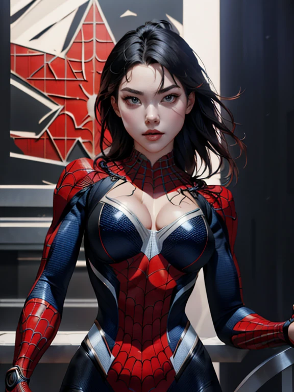 { - anatomy error} (Masterpiece - Ultra-detailed, very high resolution) best qualtiy，GameCG，1girll，tmasterpiece，best qualtiy，8K，detailed skin textures，Detailed cloth texture，beautifull detailed face，Complicated details，the ultra-detailed，korean girl, ( korean face)，spiderman uniform，long black hair，（A half body：1.2），cleavage, looking ahead, dinamic poses