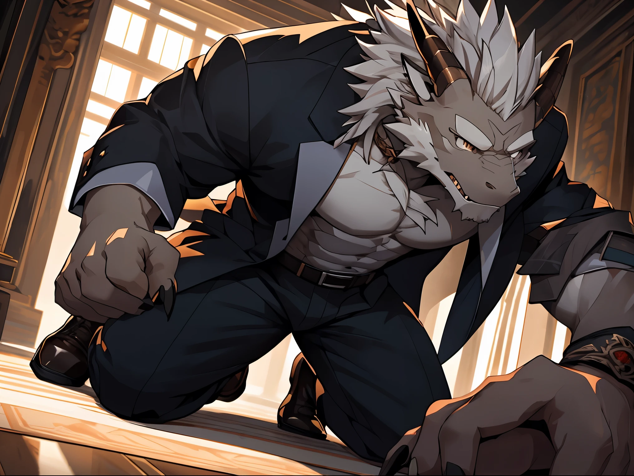 拟人化dragon男,Richly detailed chest and abs、muscular, Slim biceps and thick forearms, thick neck,gray mane,There are obvious rough edges, heavy heavy hands and claws, 黄Eye, White and brown(Kneeling on the ground in pain, Bare chest, suit、leather shoes, 红领带human nature((dramatic))epic, dynamic poses, dynamic angle, a scene in, Extreme perspective and powerful composition, ridiculous, (super detailed), sharp focus, dragon人, Eye, Eye, gray mane, light gray fur, white fur, White beard, human nature (dragon), male, middle aged, gray body, white belly, muscular的, super detailed face, (细致的Eye), 1 boy, Change clothes in the room, Use of tie, shirt pants belt, motion blur, (best quality), (masterpiece), high detail, high quality, Award-winning, high resolution, HD, 16k, Yes, (close up:1.5)