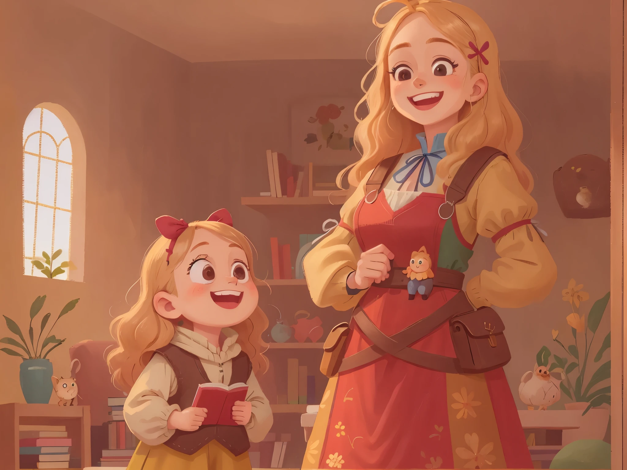 (((Extremely detailed, Masterpiece))),[[[Super detailed, best quality, beautiful, 4K, detailed faces, medieval stories]]], (((happy, squinting smile)) ), detailed face, detailed eyes, eyeballs, mother standing in living room, blond hair, ((standing)), bust close-up, housewife outfit, hands in nature, colorful children's book illustration