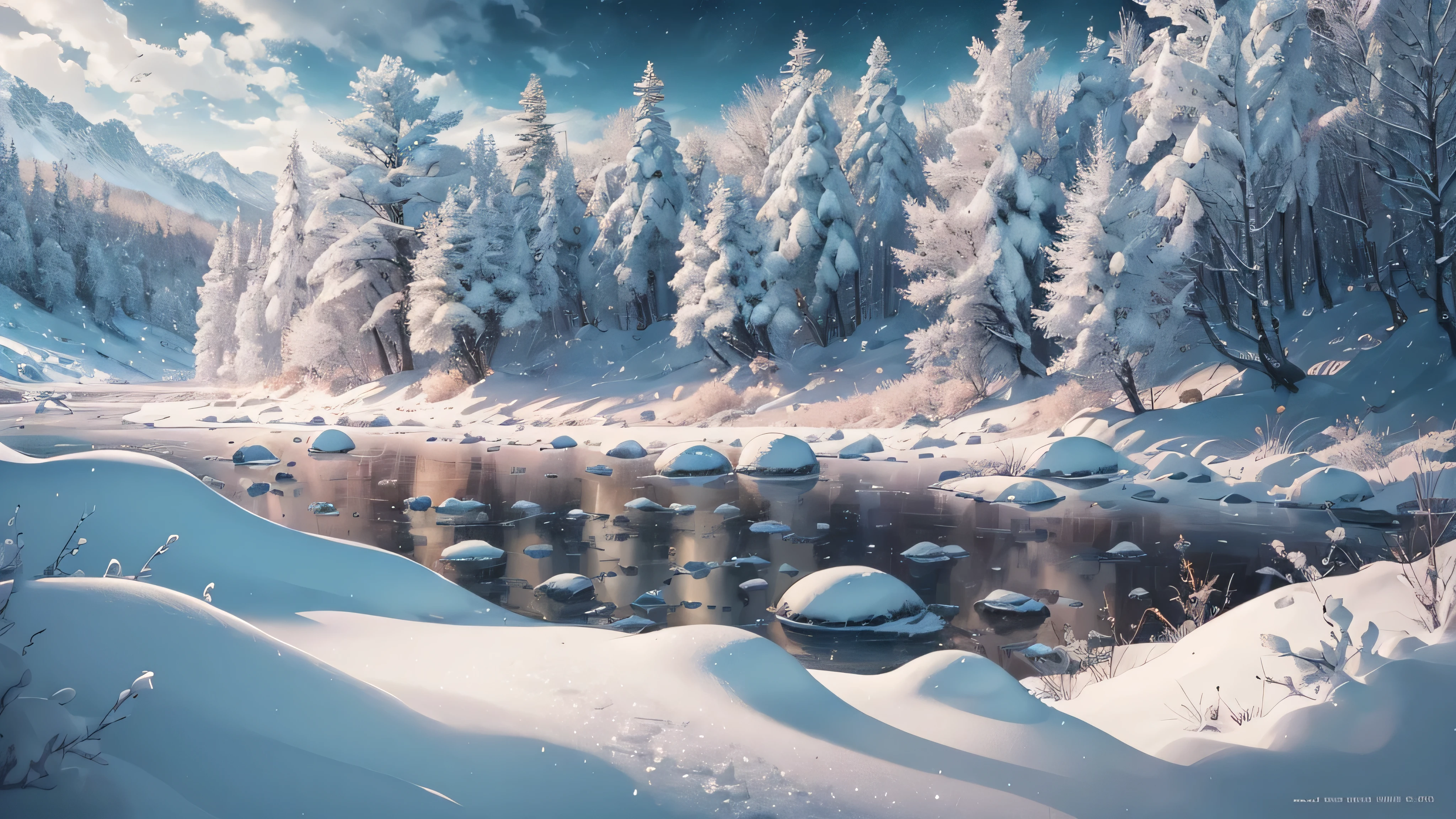 masterpiece,Best possible quality,high quality,very detailed CG 統合 8k 壁紙,The vast and quiet taiga stretches to the horizon..,Dense green harmonizes,A gentle breeze whispers through the leaves,The frozen ground was covered with crystal snow, Create stunning and tranquil landscapes, background bokeh, written boundary depth, HDR, flower, color difference, realism, very detailed, art station trends, trends on CGsociety, Complex, advanced details, dramatic, movie poster,Art by Mid Journey