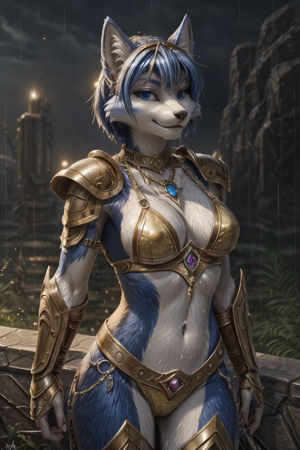 A blue vixen, Krystal, from StarFox, in a bikini stands in the rain, her green armor reflecting the light, 1girl, solo, breasts, smile, short hair, bangs, blue eyes, navel, animal ears, cleavage, jewelry, closed mouth, blue hair, standing, collarbone, upper body, bikini, small breasts, artist name, cat ears, necklace, stomach, armor, gradient, looking to the side, gradient background, watermark, looking away, shoulder armor, web address, furry, rain, green background, pauldrons, circlet, furry female, body fur, shoulder pads, white fur, animal nose, snout, two-tone fur, blue fur