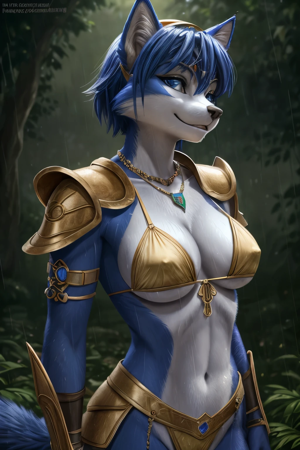 A blue vixen, Krystal, from StarFox, in a bikini stands in the rain, her green armor reflecting the light, 1girl, solo, breasts, smile, short hair, bangs, blue eyes, navel, animal ears, cleavage, jewelry, closed mouth, blue hair, standing, collarbone, upper body, bikini, small breasts, artist name, cat ears, necklace, stomach, armor, gradient, looking to the side, gradient background, watermark, looking away, shoulder armor, web address, furry, rain, green background, pauldrons, circlet, furry female, body fur, shoulder pads, white fur, animal nose, snout, two-tone fur, blue fur