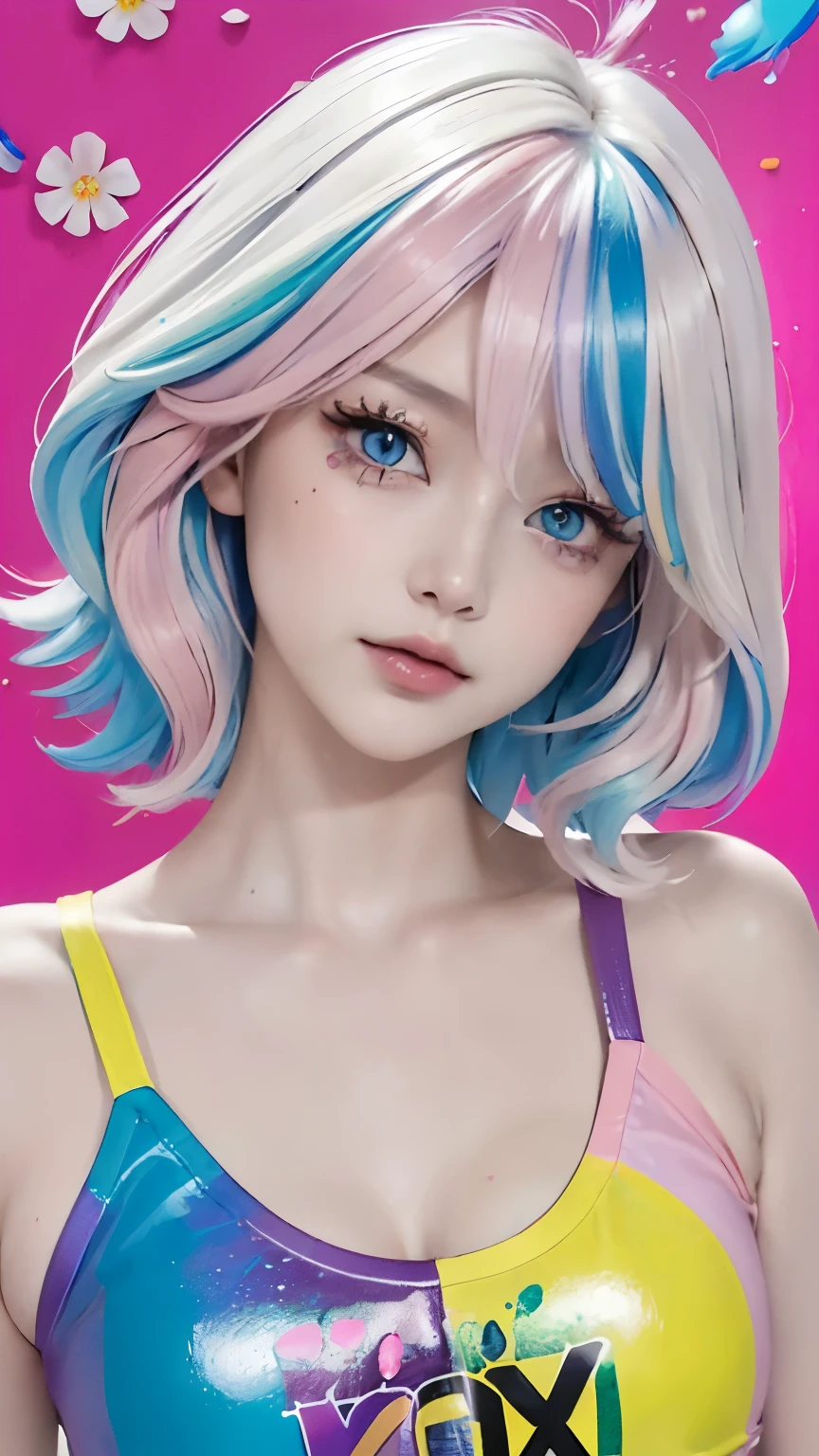 (Pink fashion T-shirt:1.9),(colored hair:1.8),(All colors of the rainbow:1.8),(((vertical画:1.6)),(:1.6),front,comics,illustration,,big eyes,crystal clear eyes,Very huge,The breasts are very exaggerated,huge breasts,plump plump ,(Rainbow colored semi-long hair:1.7),exquisite cosmetics,Shut your mouth,(Small fresh:1.5),(Wipe your chest:1.6),long eyelashes,White shoulder T-shirt。,White shoulder sleeve shirt,looking at the audience,blue eyes,(rainbow colour hair:1.6),color splotches,(solo:1.8),color splotches,color splotches,color explosion,Thick lacquer style,Messy lines,((Shiny),(color),(color),(color),(color),color,Thick lacquer style,(color splotches),(color)splash,vertical,Upper body,Paintworksplash,acrylic paint,gradient,Paintwork,Highest image quality,highest quality,masterpiece,solo,depth of field,Topcoat,Colorful clothes,(grace:1.2),gorgeous,lwind, (Elegant: 1.3), (Petals: 1.4),(((masterpiece))),(((best quality))),((ultra-detailed)),(illustration),(dynamic angle),((floating)),(paint),((disheveled hair)),(solo),(1girl) , (((detailed anima face))),((beautiful detailed face)),collar,bare shoulders,blue hair, ((colorful hair)),((streaked hair)),beautiful detailed eyes,(Gradient color eyes),(((colorful eyes))),(((colorful background))),(((high saturation))),(((surrounded by colorful splashes))),(((colorful background))),(((high saturation))),(((surrounded by colorful splashes))),(((colorful background))),(((high saturation))),(((surrounded by colorful splashes))),