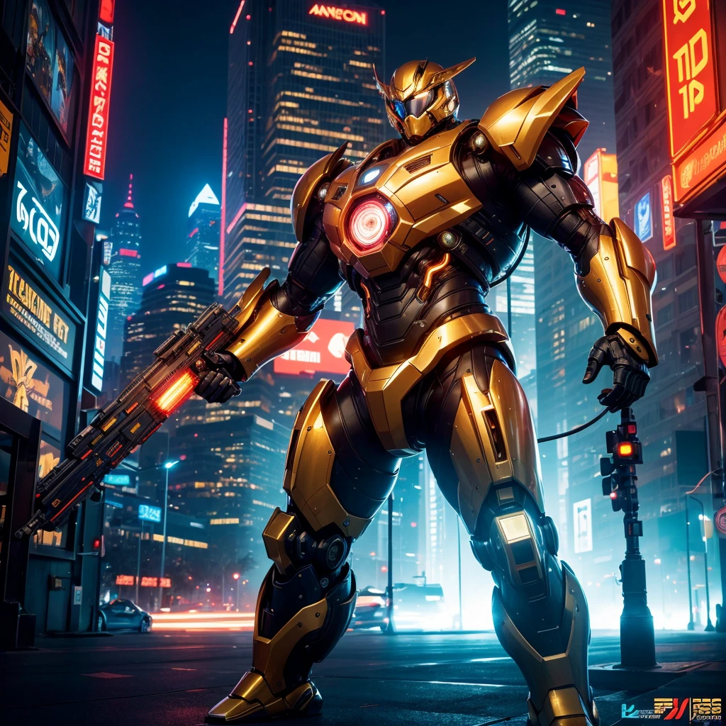 A golden neon Mecha Warrior in a futuristic city, (best quality, highres, realistic:1.37), ultra-detailed, professional, vibrant colors, bokeh, (sci-fi, concept artists), metallic body, glowing eyes, powerful hydraulic limbs, shiny armor, intricate mechanical details, laser weapon mounted on the arm, imposing and intimidating presence, surrounded by neon lights and skyscrapers, dynamic pose in a mid-action scene, dramatic lighting with strong highlights and shadows, futuristic technology seamlessly integrated into the surroundings.