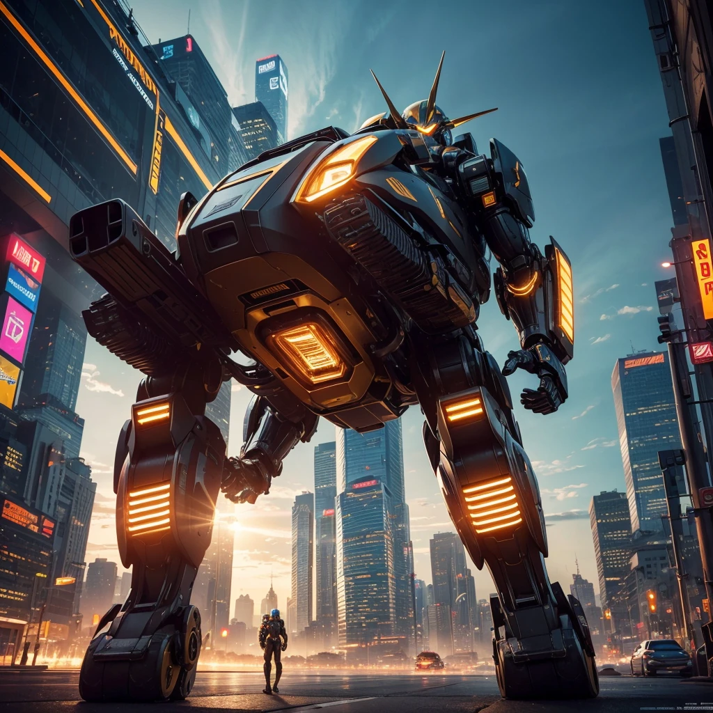 A golden neon Mecha Warrior in a futuristic city, (best quality, highres, realistic:1.37), ultra-detailed, professional, vibrant colors, bokeh, (sci-fi, concept artists), metallic body, glowing eyes, powerful hydraulic limbs, shiny armor, intricate mechanical details, laser weapon mounted on the arm, imposing and intimidating presence, surrounded by neon lights and skyscrapers, dynamic pose in a mid-action scene, dramatic lighting with strong highlights and shadows, futuristic technology seamlessly integrated into the surroundings.