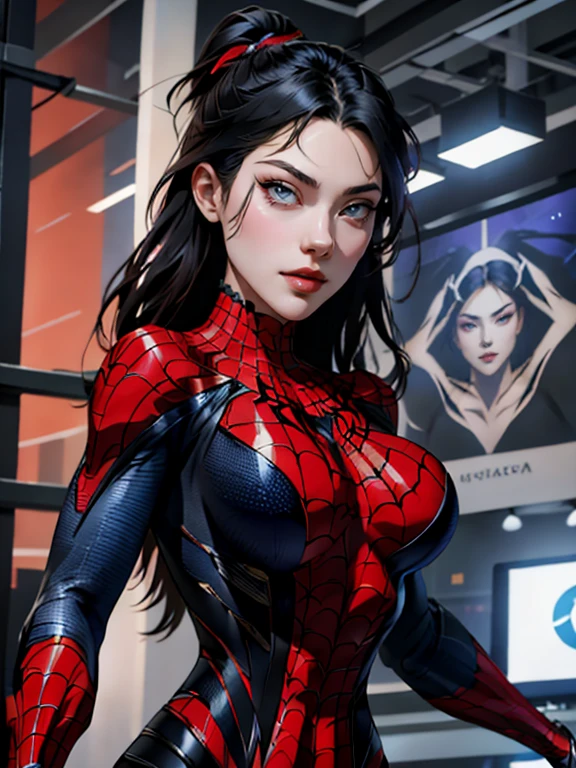 { - anatomy error} (Masterpiece - Ultra-detailed, very high resolution) best qualtiy，GameCG，1girll，tmasterpiece，best qualtiy，8K，detailed skin textures，Detailed cloth texture，beautifull detailed face，Complicated details，the ultra-detailed，korean girl, ( korean face)，spiderman uniform，long black hair，（A half body：1.2），cleavage, looking ahead, dinamic poses, opal eyes