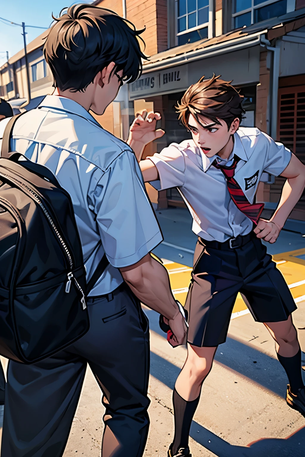 There are two 15 year old boys in high school fighting in the school yard.