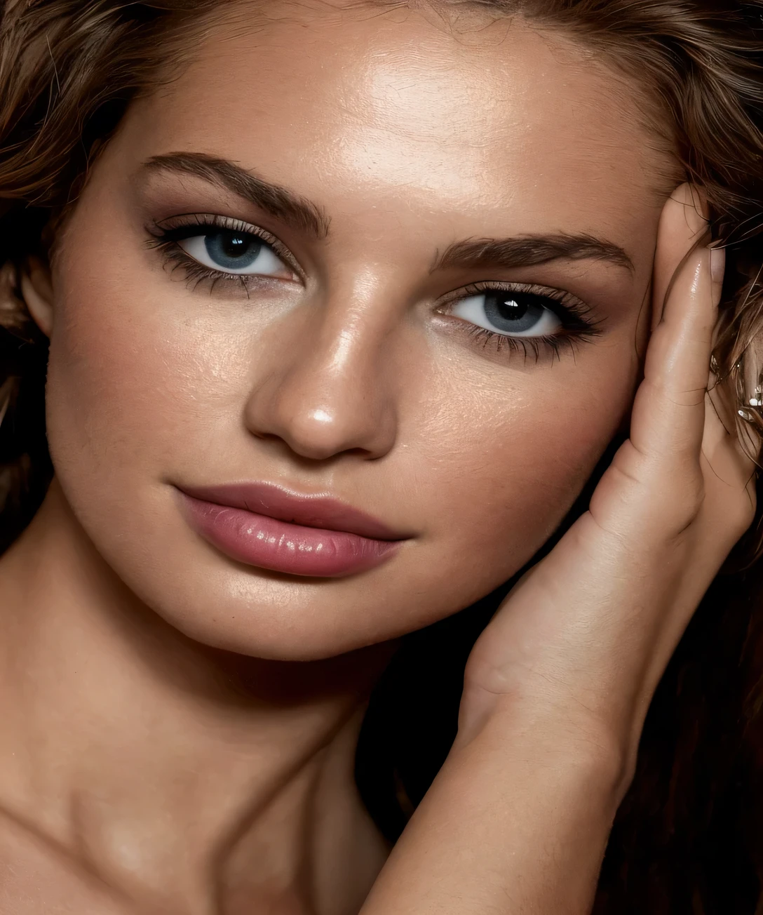 arafed woman with a ring on her left hand and a ring on her right hand, close-up perfect face, photo of a beautiful woman, diffused natural skin glow, beautiful face and flawless skin, perfect face model, sexy face with full makeup, tanned beauty portrait, portrait sophie mudd, close up face female portrait, glossy skin, perfect face )