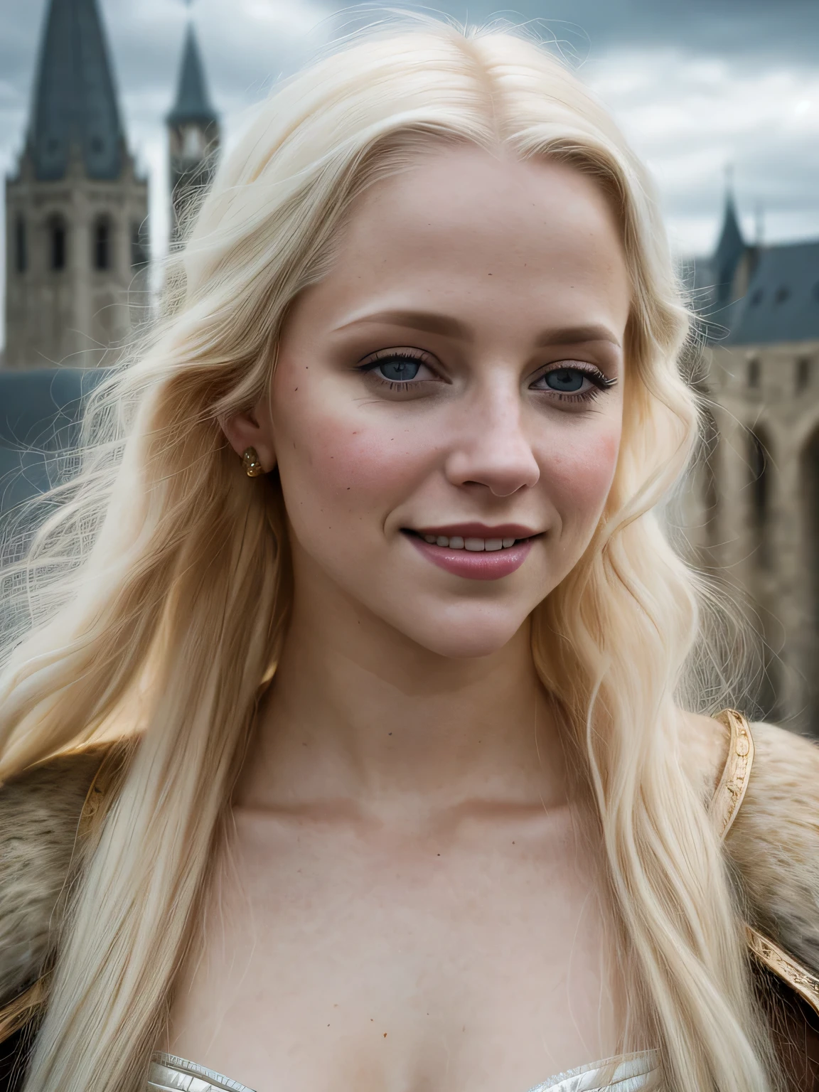 a (portrait photography) Close-up of Samara Weaver as a gorgeous 30 year old medieval fantasy prostitute, pale blonde hair, large single long blade, adult, FantasyMedievalFantasy, intelligent appearance, charming smile, In a big medieval fantasy city, cloudy, cinematic lighting, Canon EOS 5D Mark IV