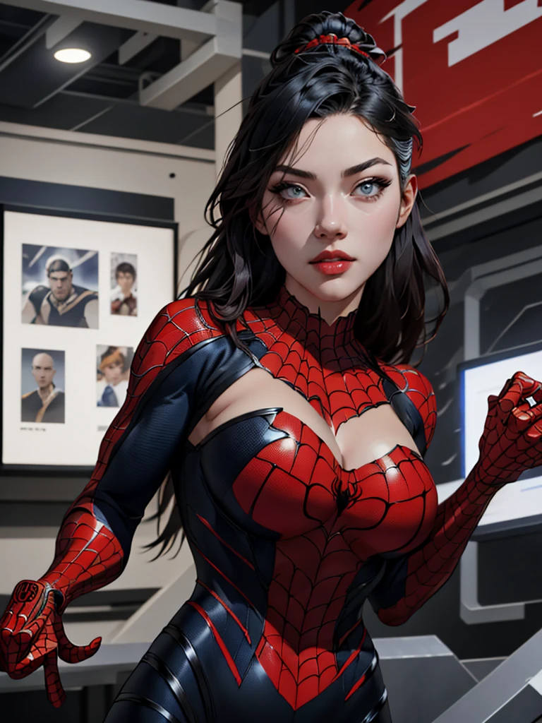 { - anatomy error} (Masterpiece - Ultra-detailed, very high resolution) best qualtiy，GameCG，1girll，tmasterpiece，best qualtiy，8K，detailed skin textures，Detailed cloth texture，beautifull detailed face，Complicated details，the ultra-detailed，korean girl, ( korean face)，spiderman uniform，long black hair，（A half body：1.2），cleavage, looking ahead, dinamic poses, opal eyes