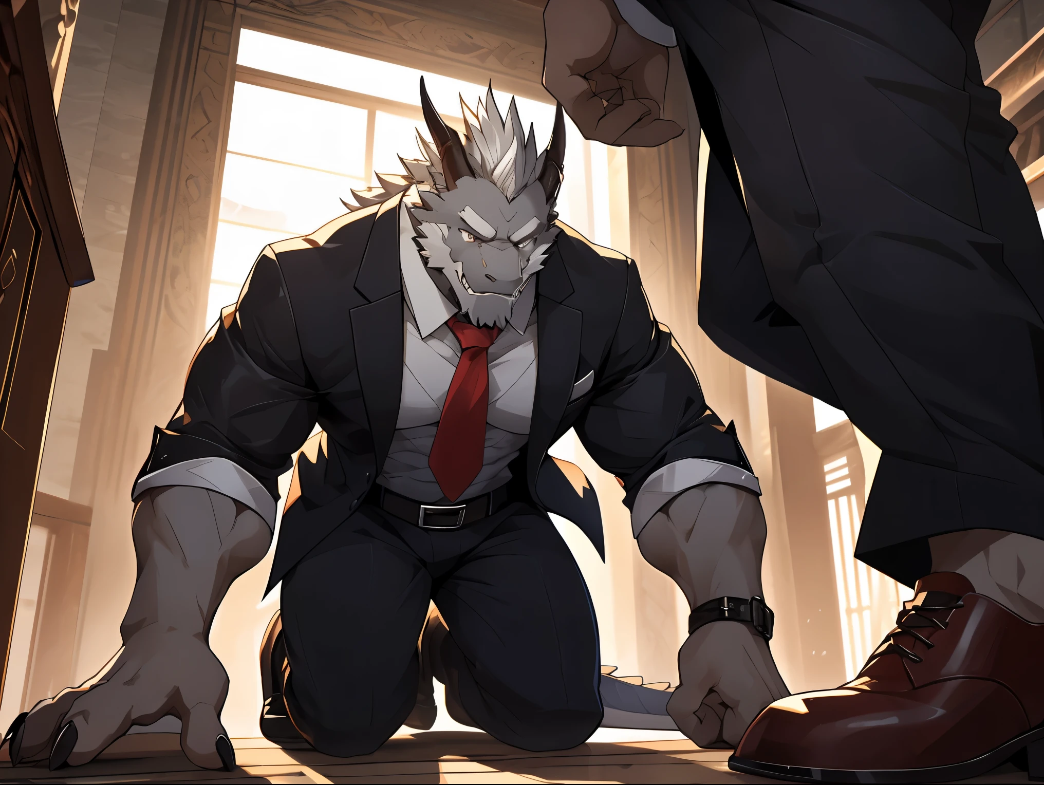 拟人化dragon男,Richly detailed chest and abs、muscular, Slim biceps and thick forearms, thick neck,gray mane,There are obvious rough edges, heavy heavy hands and claws, 黄Eye, White and brown(Kneeling on the ground in pain, Bare chest, suit、leather shoes, 红领带human nature((dramatic))epic, dynamic poses, dynamic angle, a scene in, Extreme perspective and powerful composition, ridiculous, (super detailed), sharp focus, dragon人, Eye, Eye, gray mane, light gray fur, white fur, White beard, human nature (dragon), male, middle aged, gray body, white belly, muscular的, super detailed face, (细致的Eye), 1 boy, Change clothes in the room, Use of tie, shirt pants belt, motion blur, (best quality), (masterpiece), high detail, high quality, Award-winning, high resolution, HD, 16k, Yes, (close up:1.5)