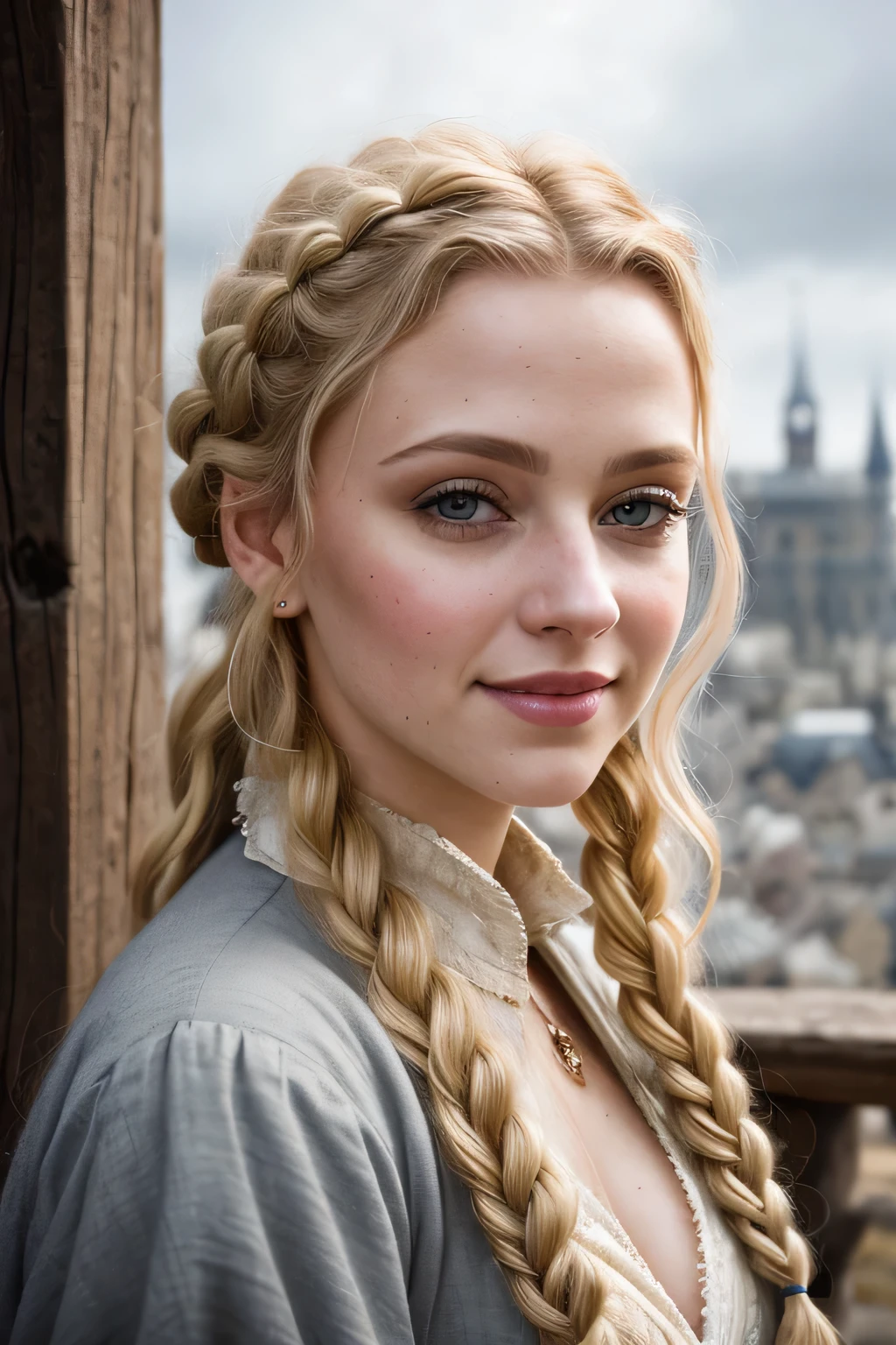 (portrait photography), Close-up of Samara Weaver playing a gorgeous 25-year-old prostitute in medieval fantasy, light blonde curly braid hair, large single long blade, adult, medieval fantasy prostitute enemy clothes, Intelligent appearance, Detailed charming smile, In a big medieval fantasy city, cloudy, cinematic lighting､masterpiece, 最high quality, high quality, High resolution､