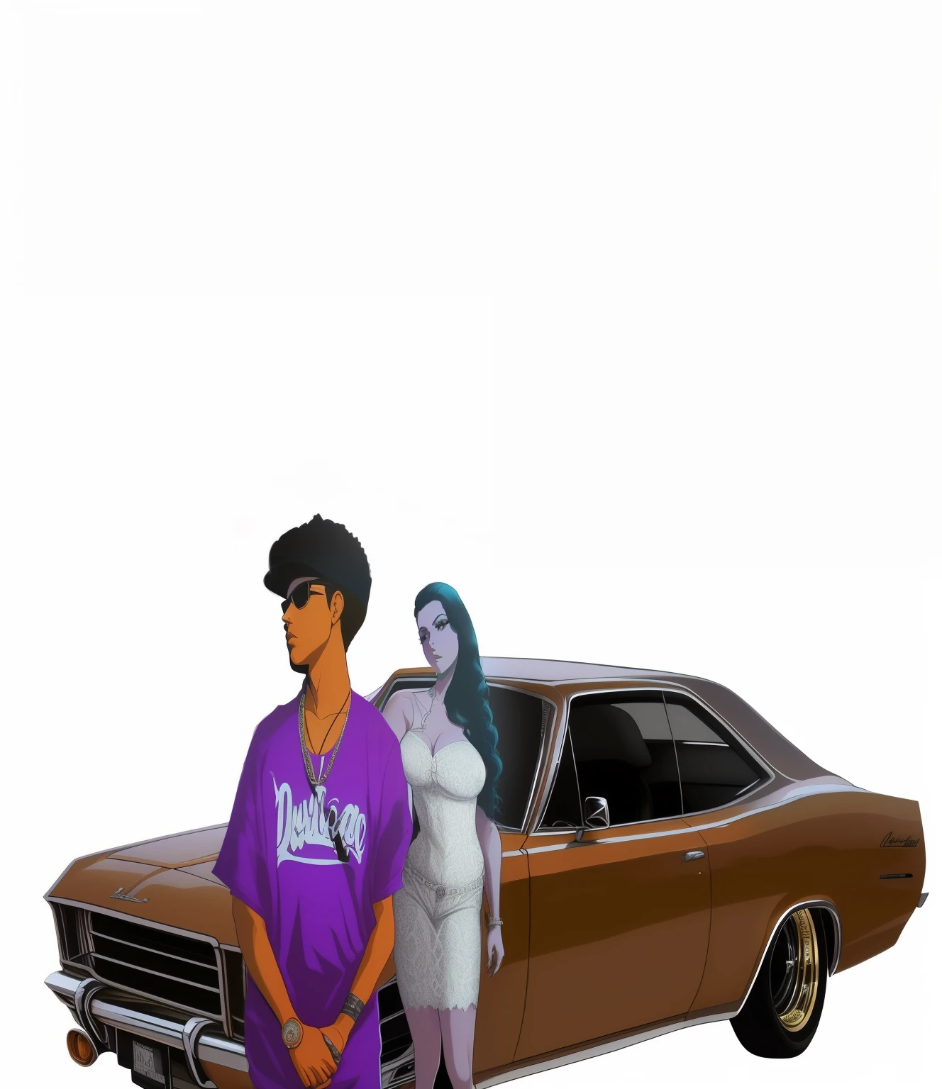 Araffe e uma mulher parada ao lado de um carro, estilo lowrider, standing in front of lowrider, Lowriders, Swagger! cultura lowrider, 8 0 ies aesthetics, hip hop vaporwave, suave em _ o fundo, ((supersaturado)), imagem de fundo, petrol aesthetic, eu entendi, badass composition