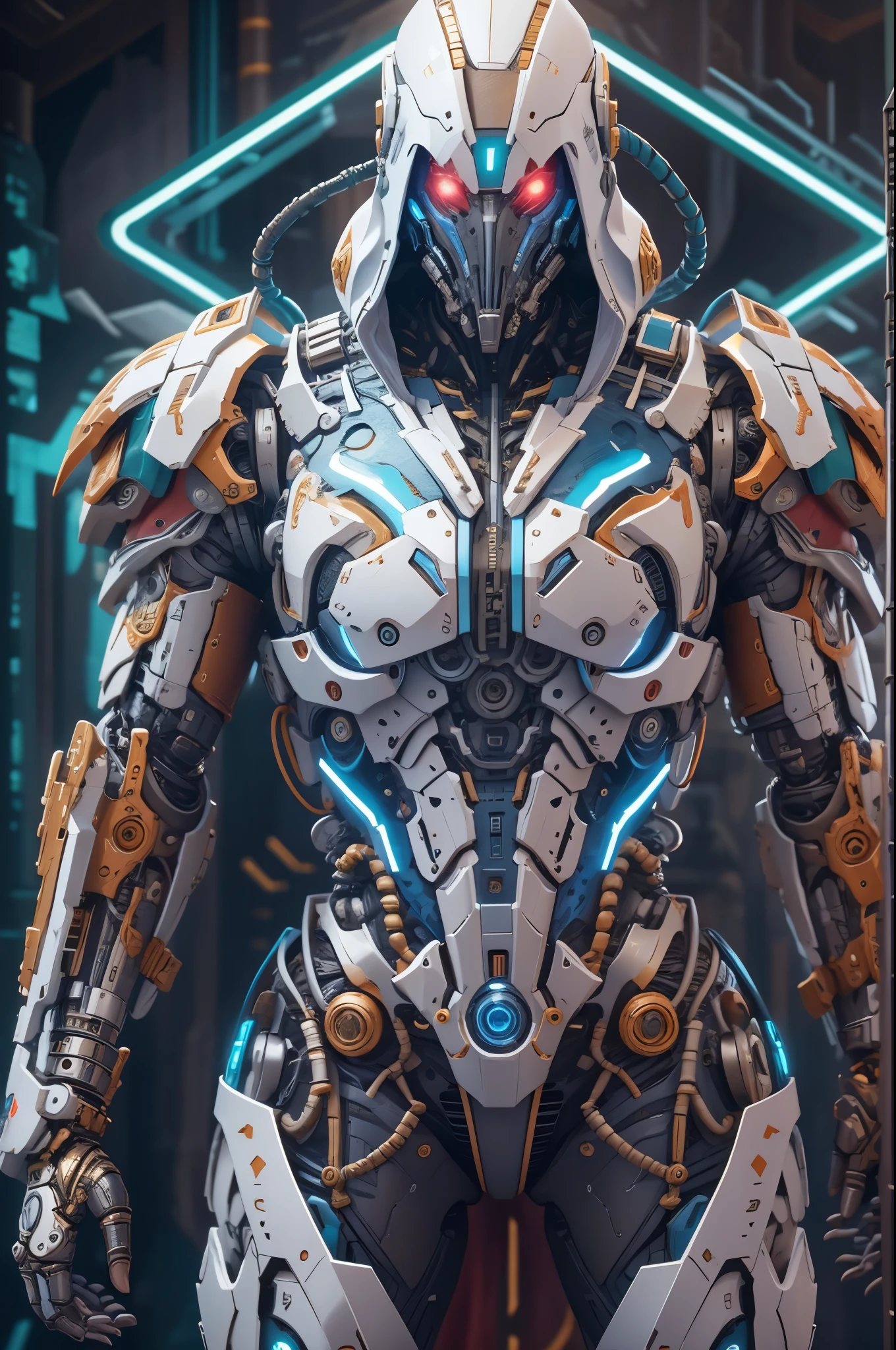 biomechanical soldier，futuristic warrior，cybernetic cyborg，Mechanical prosthetics，Futurism者，lighted hooded jacket，Unreal Engine style rendering，ritual mask，silver and blue，Mechanical Design，close up，cobra，AI，machine，Metal，electric wire，technology，Futurism，Highly detailed，extremely detailed，stand，full body shot，center，3D rendering，art station，octane rendering，8k，,