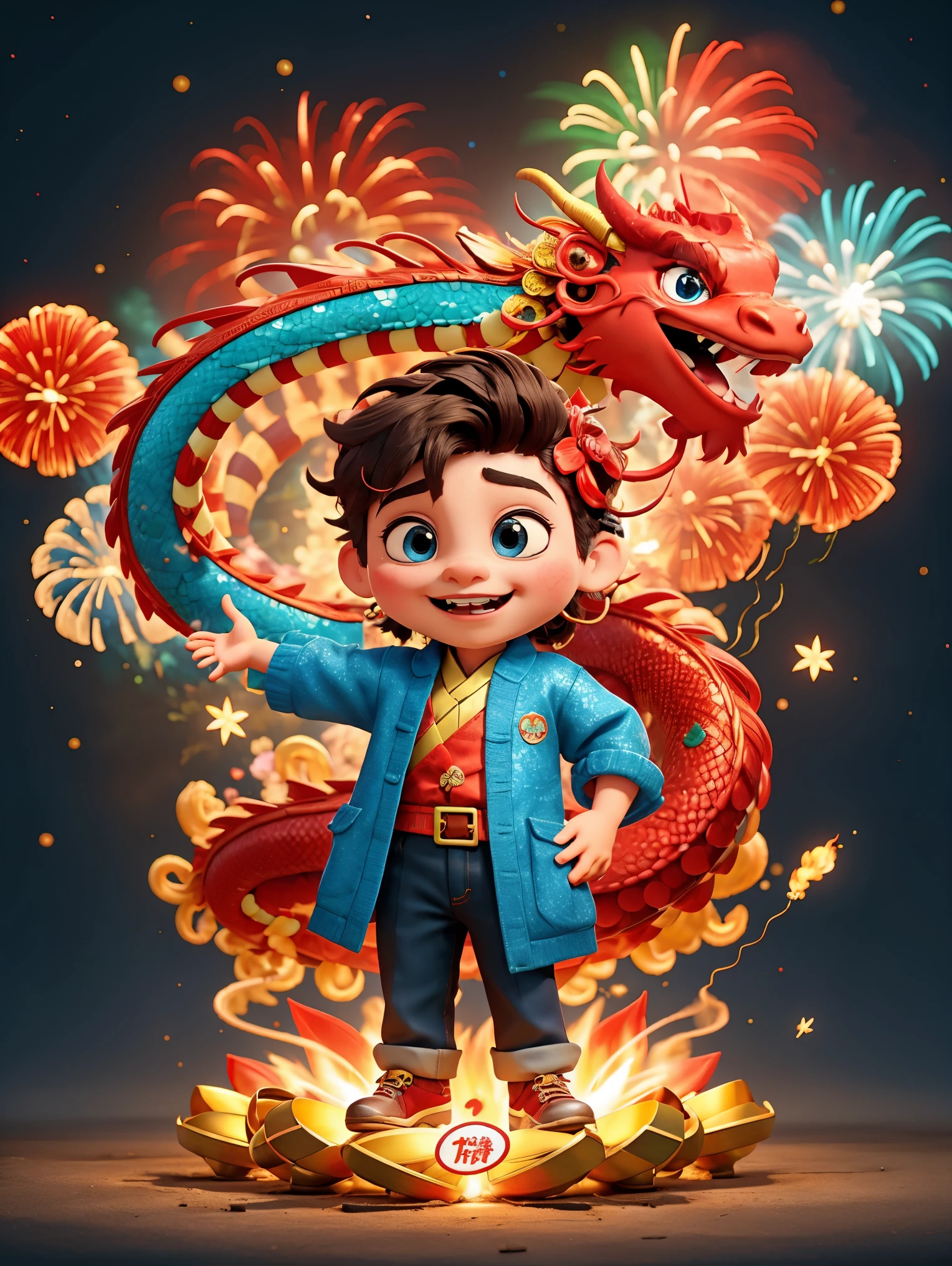 energetic and cute，1 boy，Standing in the middle of，smiley face，Wearing traditional Chinese clothing，(There is an Eastern dragon coiled behind it:1.3)，(There are some gold coins on the ground)，(Blue and red clothes)，((fireworks，firecracker，Spring couplets，red festive background))，CNY，Intense lighting effects，Ultra-detailed