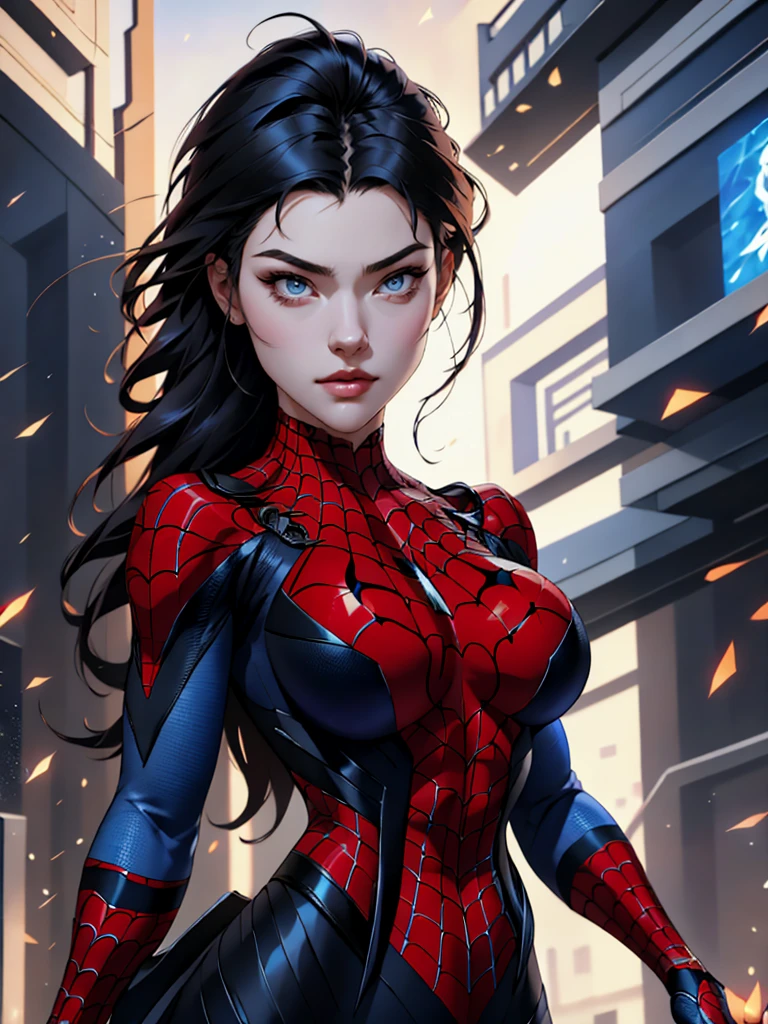 { - anatomy error} (Masterpiece - Ultra-detailed, very high resolution) best qualtiy，GameCG，1girll，tmasterpiece，best qualtiy，8K，detailed skin textures，Detailed cloth texture，beautifull detailed face，Complicated details，the ultra-detailed，korean girl, ( korean face)，spiderman uniform，long black hair，（A half body：1.2），cleavage, looking ahead, dinamic poses, opal eyes