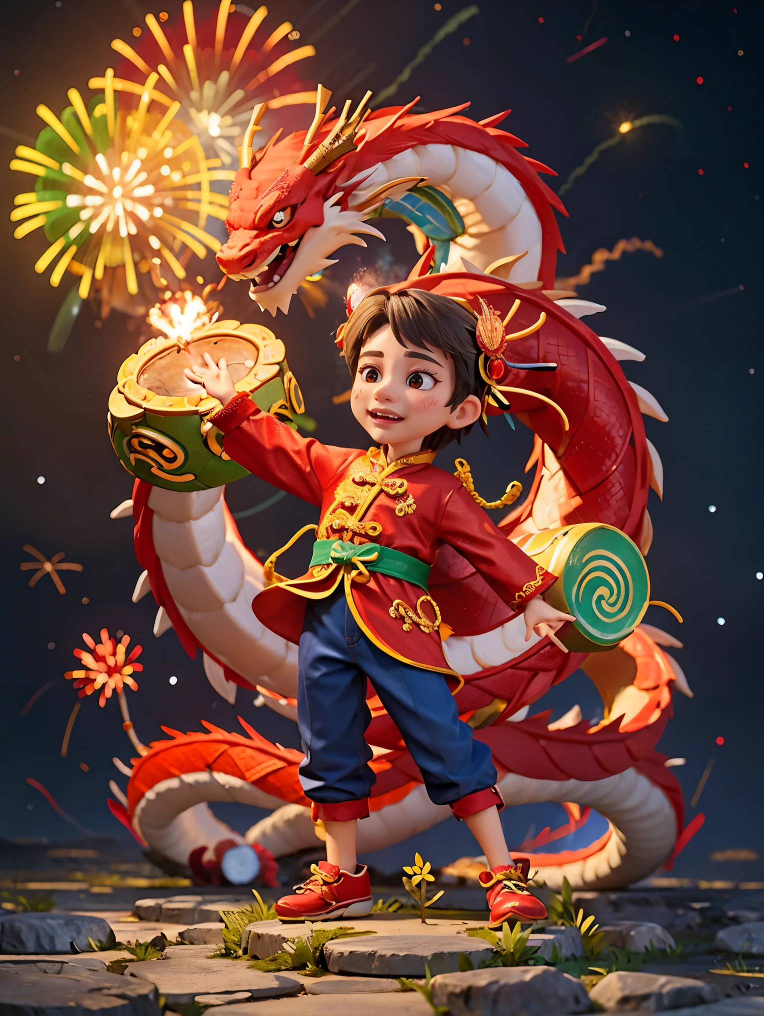 energetic and cute，1 boy，Standing in the middle of，smiley face，Wearing traditional Chinese clothing，(There is an Eastern dragon coiled behind it:1.3)，(There are some gold coins on the ground)，(Blue and red clothes)，((fireworks，firecracker，Spring couplets，red festive background))，CNY，Intense lighting effects，Ultra-detailed