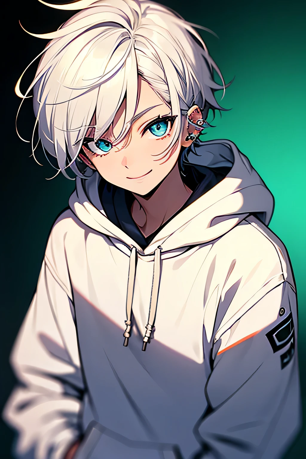 gray hair, center part, schoolboy, 20-year-old, cute, Upper body, Happy, smile, Are standing, short hair, blue eyes, open your eyes, Fair skin, , slim, hoodie, earrings, Japanese, green background, high quality