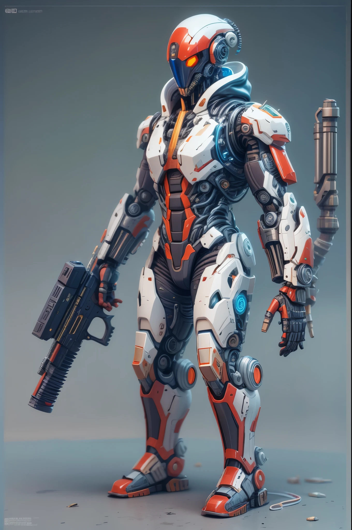biomechanical soldier，futuristic warrior，cybernetic cyborg，Mechanical prosthetics，Futurism者，lighted hooded jacket，Unreal Engine style rendering，ritual mask，silver and blue，Mechanical Design，close up，cobra，AI，machine，Metal，electric wire，technology，Futurism，Highly detailed，extremely detailed，stand，full body shot，center，3D rendering，art station，octane rendering，8k，,