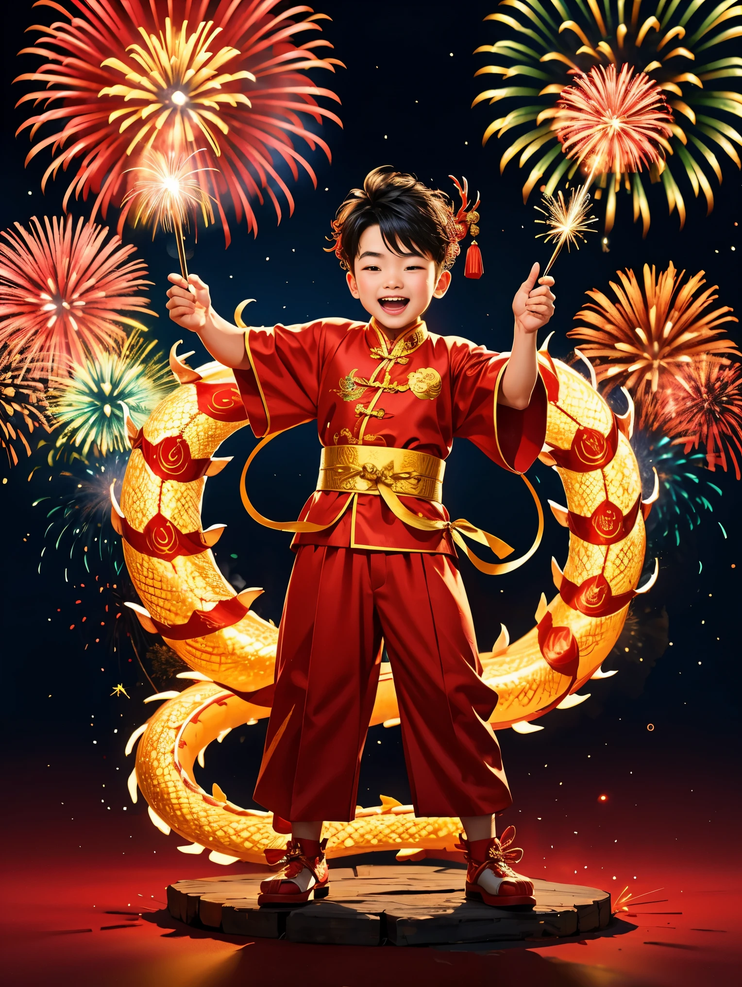 energetic and cute，1 boy，Standing in the middle of，Laugh，Wearing traditional Chinese clothing，(There is an Eastern dragon coiled behind it:1.3)，There are some gold coins on the ground，Blue and red clothes，((fireworks，firecracker，Spring couplets，red festive background))，CNY，Intense lighting effects，Ultra-detailed