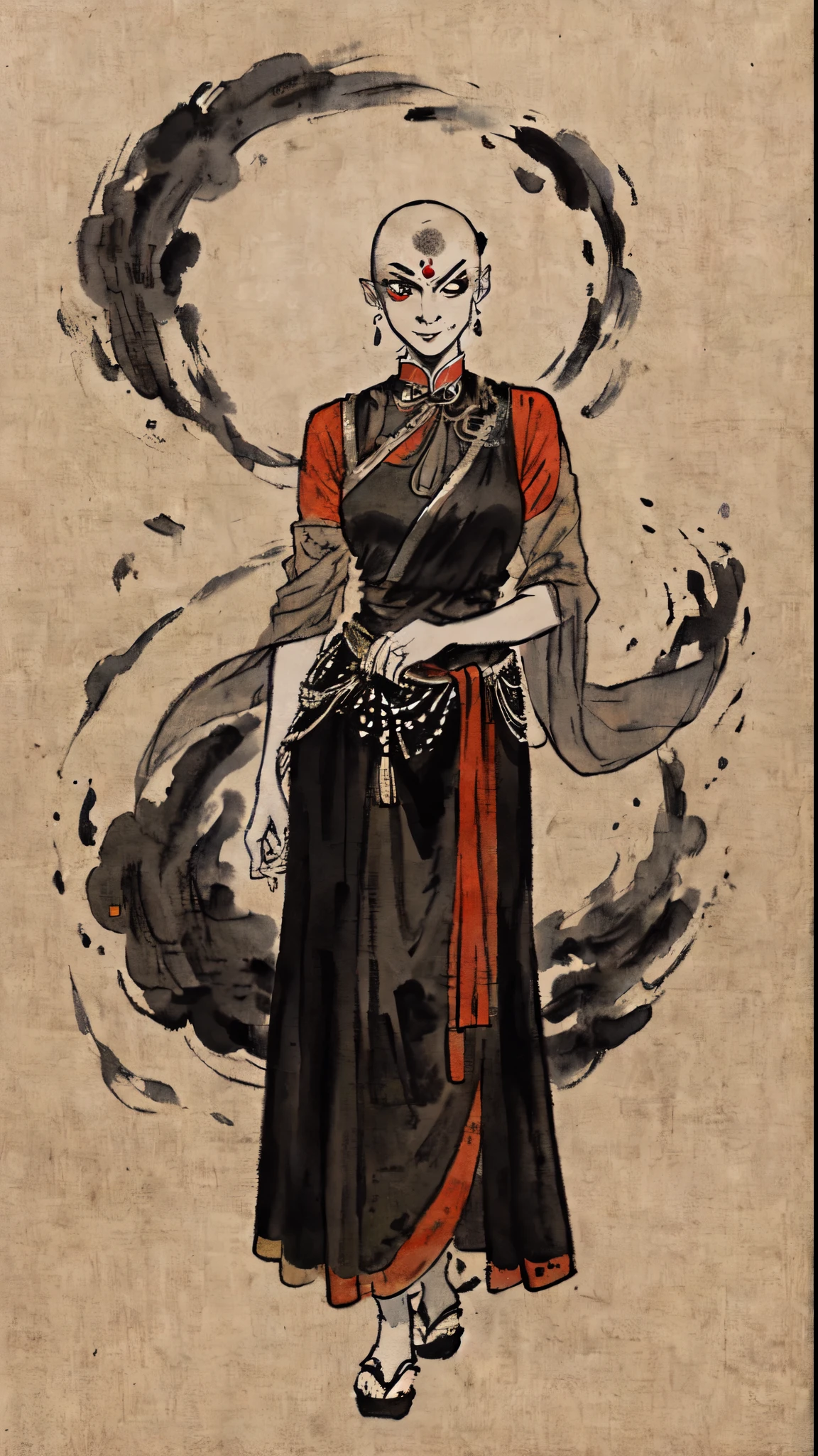 (traditional Chinese ink painting,) (black and white) (fulll body) shukezouma, 1 woman, beautiful Indian woman vampire, shaved head, bald, dark skin, third eye, 30 years old, wearing a sari. bindi