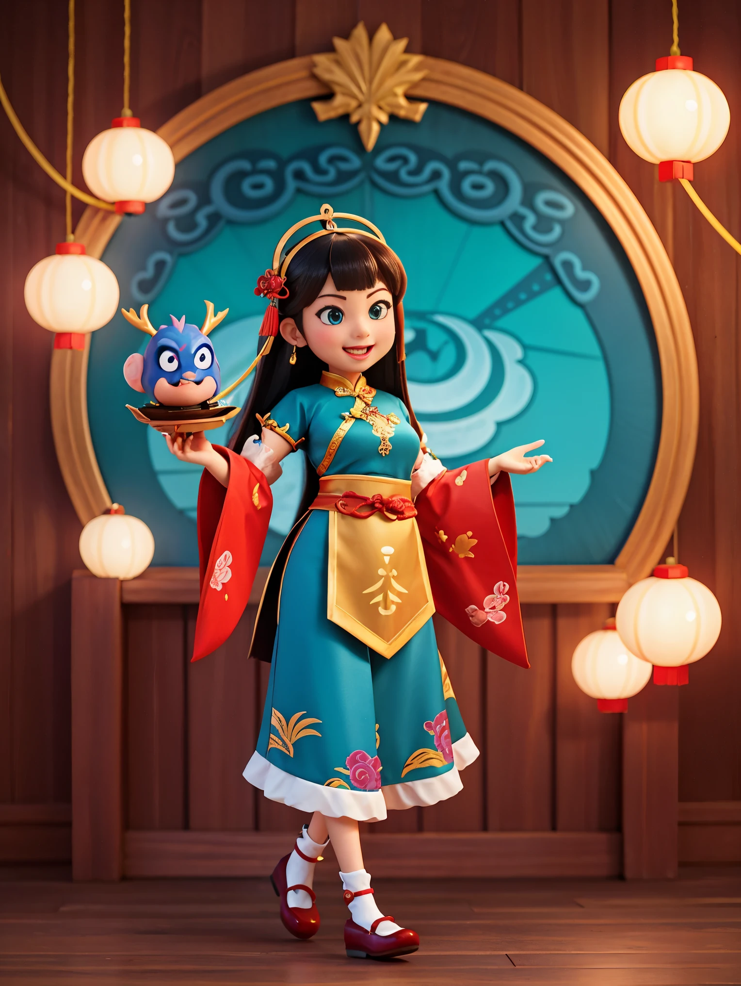 现代女孩和可爱的Chinese dragon，Chinese dragon爪，Chinese dragon尾，Chinese dragotomically correct，Girl wearing traditional Chinese clothes，Smile happily，Cartoon image，full body portrait，festive background，(Vision:1.5)