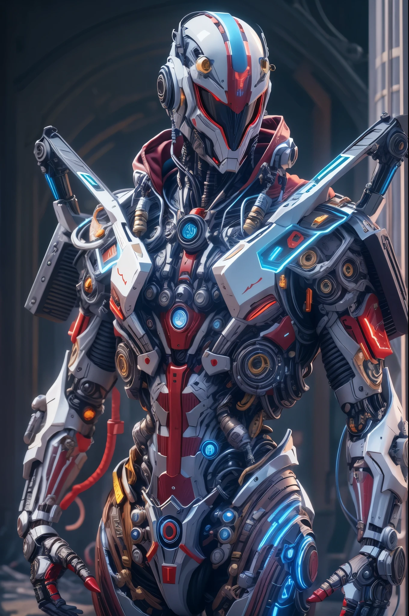 biomechanical soldier，futuristic warrior，cybernetic cyborg，Mechanical prosthetics，Futurism者，lighted hooded jacket，Unreal Engine style rendering，ritual mask，silver and blue，Mechanical Design，close up，cobra，AI，machine，Metal，electric wire，technology，Futurism，Highly detailed，extremely detailed，stand，full body shot，center，3D rendering，art station，octane rendering，8k，,