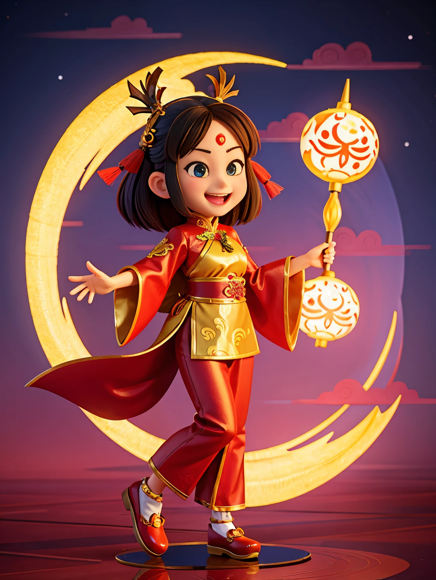 现代女孩和可爱的Chinese dragon，Chinese dragon爪，Chinese dragon尾，Chinese dragotomically correct，Girl wearing traditional Chinese clothes，Smile happily，Cartoon image，full body portrait，festive background，(Vision:1.5)