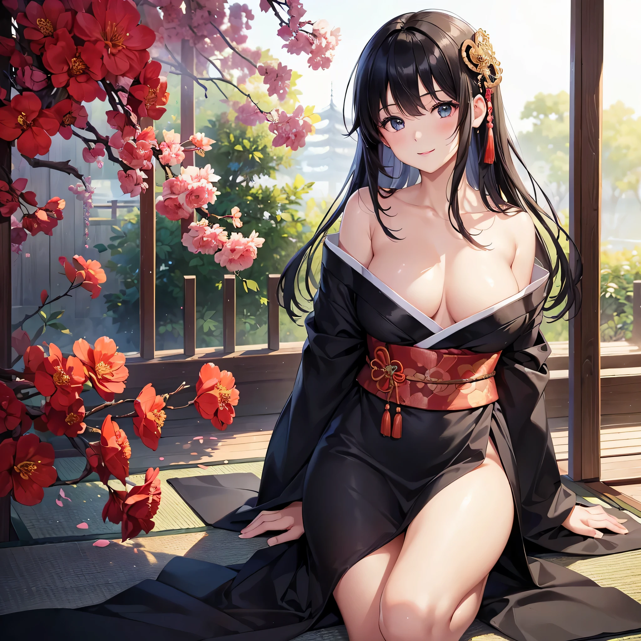 one beautiful woman、((highest quality、8K masterpiece:1.3))、sharp focus:1.2、(super beautiful face:1.0)、(shiny skin:1.0)、realistic pictures、black hair、video writing、High resolution eyes and face、video writing、japanese actress、from the front、Medium chest、shy smile、The beauty of slender abs、whole body、kimono、 obiAt the shrine