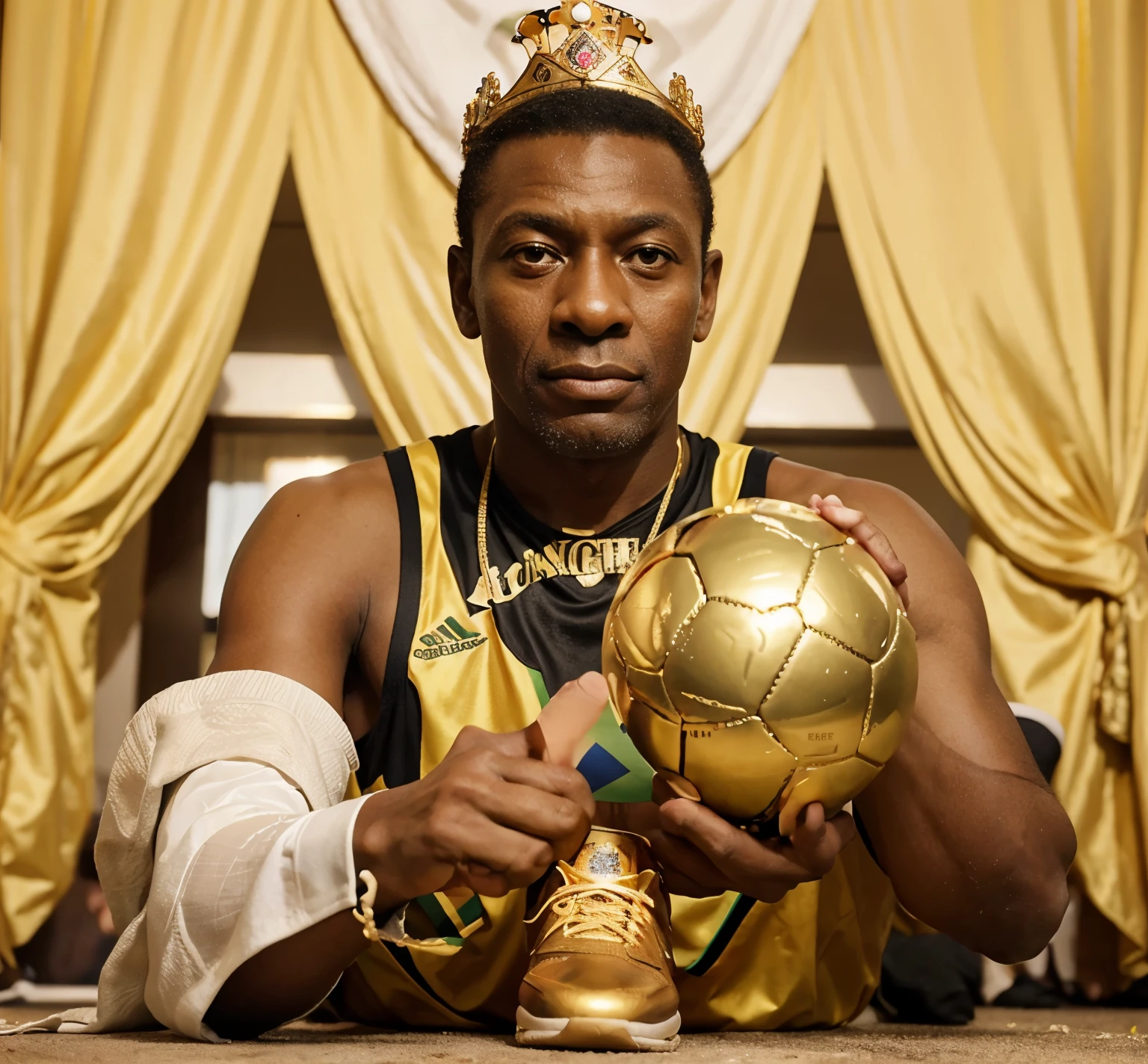 "Create an NFT of Pelé, the King of Football, wearing the Brazilian national team's uniform from the year 1990. Highlight the name 'Pelé' and the number '10' on the jersey. I'd like an image of his face as close to his likeness as possible. Additionally, include a golden ball with a crown on top of his feet. I prefer the image to be in black and white, set in a football stadium, with a banner in the background containing the word 'King'. Please incorporate elements that convey the grandeur and legacy of the greatest football player of all time, Pelé."