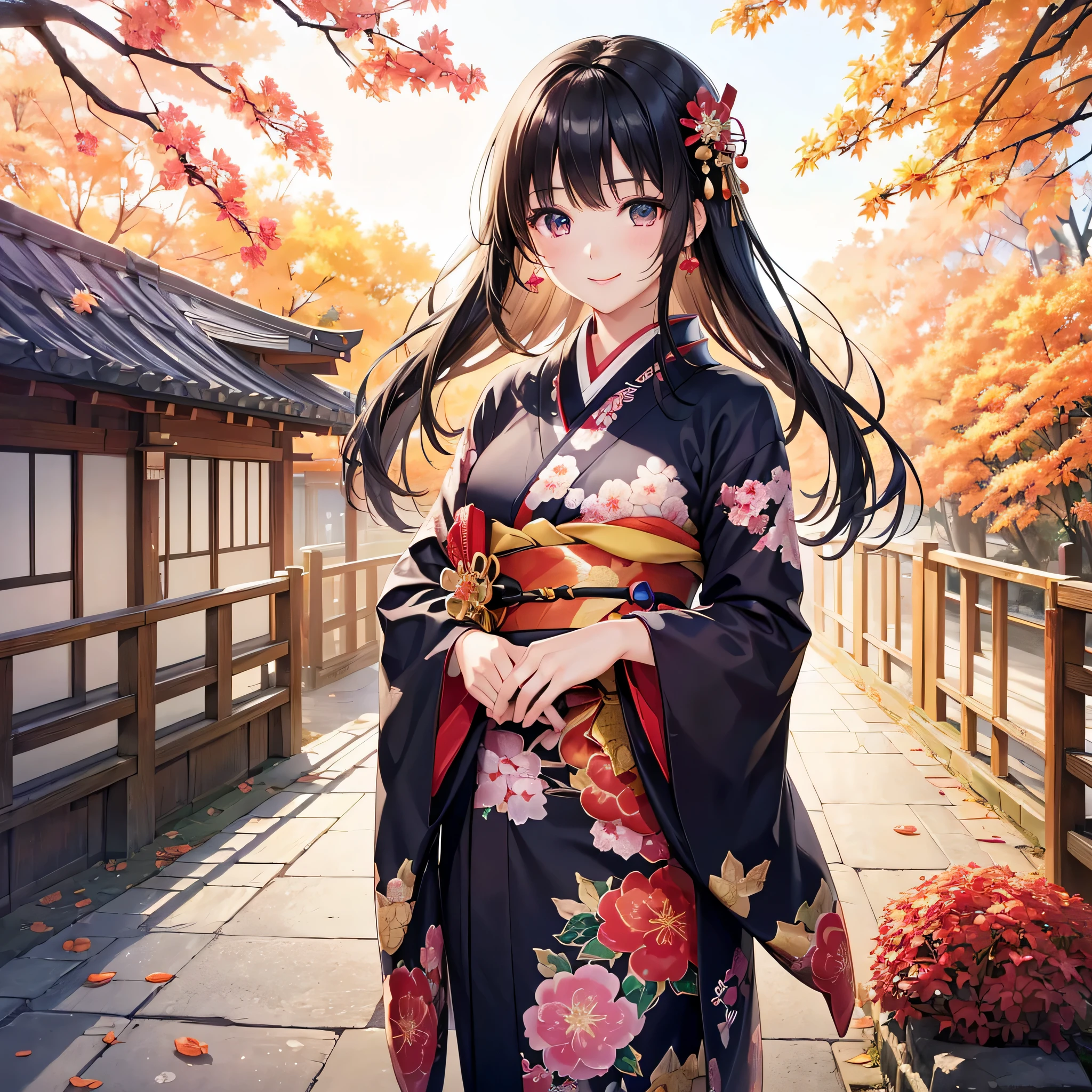 (Super beautiful woman in kimono)、((highest quality、8K masterpiece:1.3))、sharp focus:1.2、(super beautiful face:1.0)、(shiny skin:1.0)、realistic pictures、black haired、video writing、High resolution eyes and face、video writing、japanese actress、from the front、Medium chest、with a happy smile、wearing a kimono、under the autumn leaves、highest grade obi