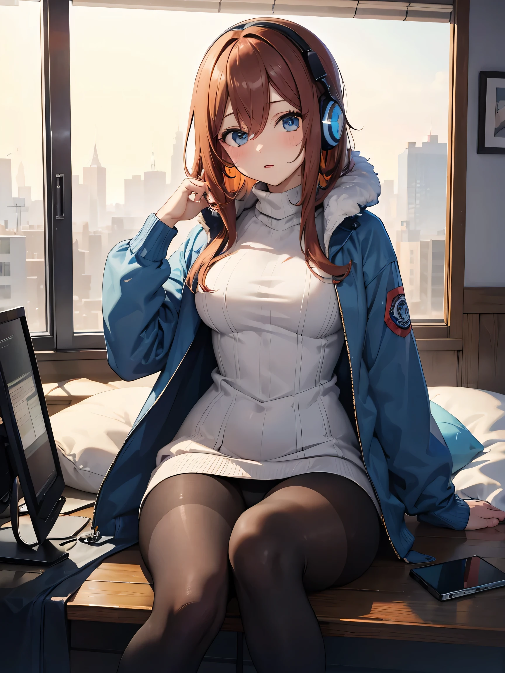 ((masterpiece)), ((highest quality)), ((super detailed)), ((figure)), miku nakano(go-toubun no hanayome),brown hair,medium hair,blue eyes,hair between eyes,headphones around neck,medium to large breasts,pantyhose,Fur jacket, light blue jacket, (gray turtleneck:1.2) sweater,long sweater, tights, Beige boots, Blue shoulder bag,