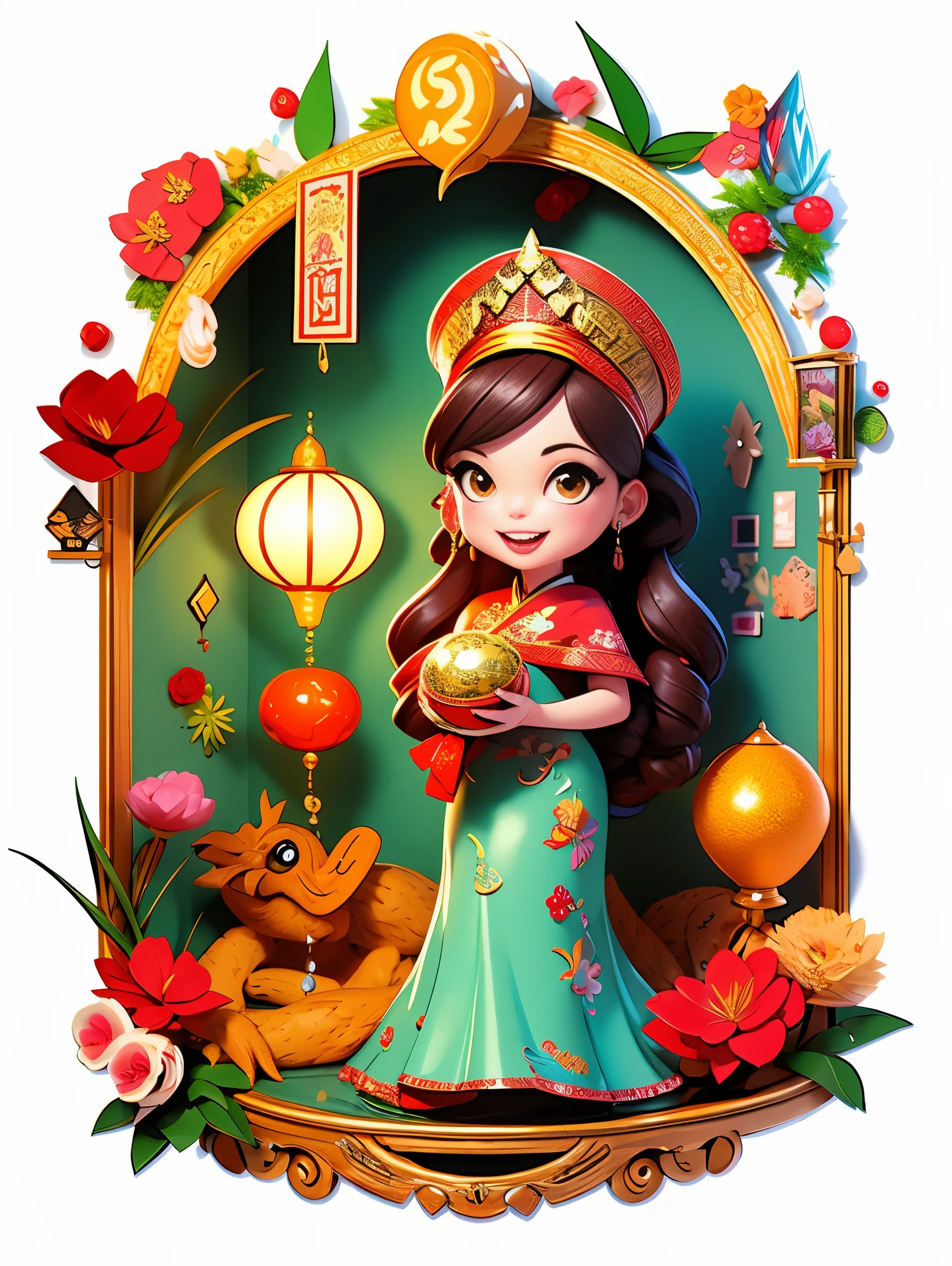 Modern girl and cute Chinese dragon，Chinese Dragon Claw，Chinese dragon tail，Chinese people behave correctly，girl wearing traditional chinese clothing，smile happily，Cartoon image，full body portrait，festive background，(imagine:1.5)