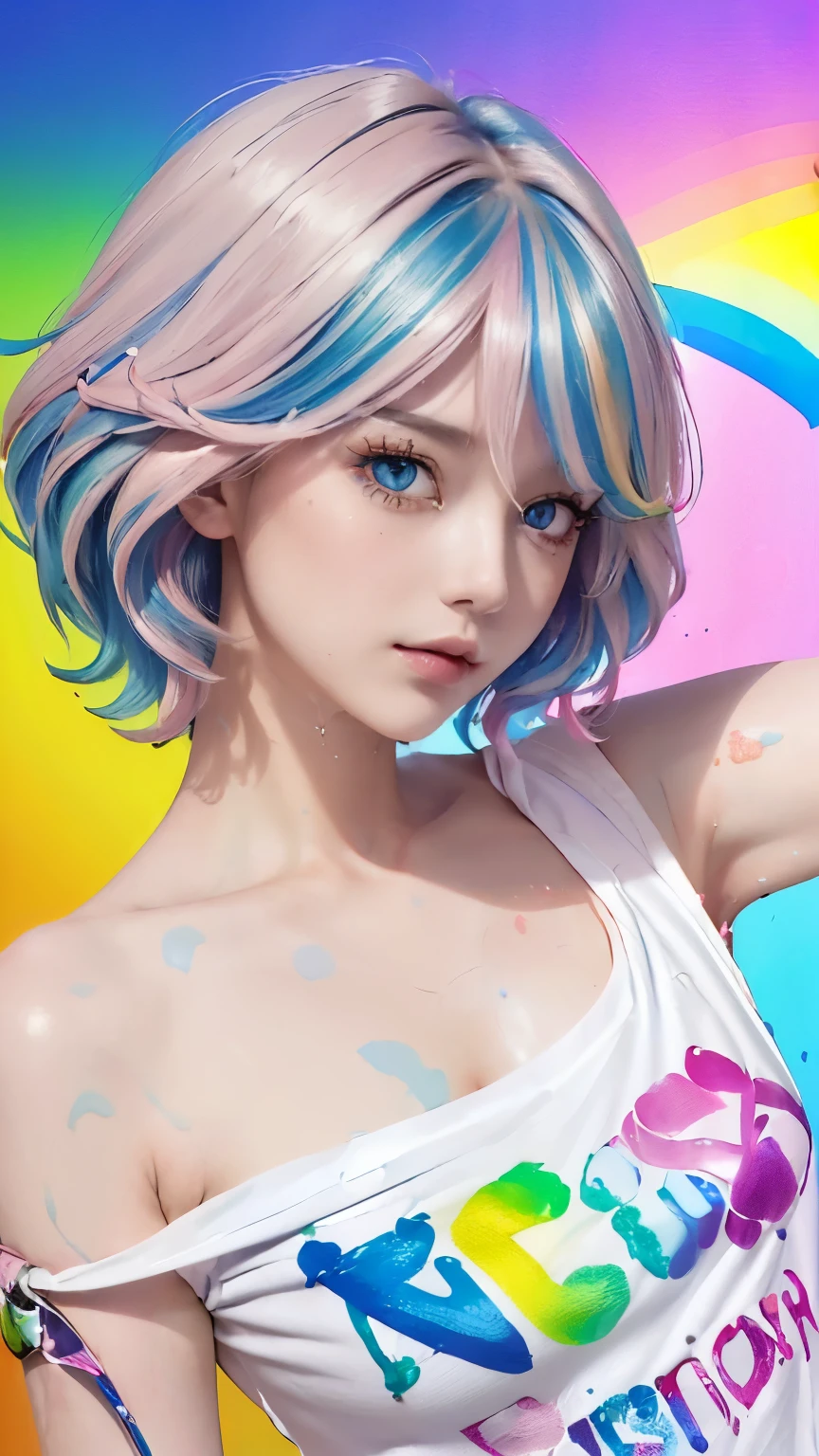 (Pink fashion T-shirt:1.9),(colored hair:1.8),(All colors of the rainbow:1.8),(((vertical画:1.6)),(:1.6),front,comics,illustration,,Smile,big eyes,crystal clear eyes,Very huge,The breasts are very exaggerated,huge breasts,plump plump ,(Rainbow colored semi-long hair:1.7),exquisite cosmetics,Shut your mouth,(Small fresh:1.5),(Wipe your chest:1.6),long eyelashes,White shoulder T-shirt。,White shoulder sleeve shirt,looking at the audience,blue eyes,(rainbow colour hair:1.6),color splotches,(solo:1.8),color splotches,color splotches,color explosion,Thick lacquer style,Messy lines,((Shiny),(color),(color),(color),(color),color,Thick lacquer style,(color splotches),(color)splash,vertical,Upper body,Paintworksplash,acrylic paint,gradient,Paintwork,Highest image quality,highest quality,masterpiece,solo,depth of field,Topcoat,Colorful clothes,(grace:1.2),gorgeous,lwind, (Elegant: 1.3), (Petals: 1.4),(((masterpiece))),(((best quality))),((ultra-detailed)),(illustration),(dynamic angle),((floating)),(paint),((disheveled hair)),(solo),(1girl) , (((detailed anima face))),((beautiful detailed face)),collar,bare shoulders,blue hair, ((colorful hair)),((streaked hair)),beautiful detailed eyes,(Gradient color eyes),(((colorful eyes))),(((colorful background))),(((high saturation))),(((surrounded by colorful splashes))),(((colorful background))),(((high saturation))),(((surrounded by colorful splashes))),(((colorful background))),(((high saturation))),(((surrounded by colorful splashes))),